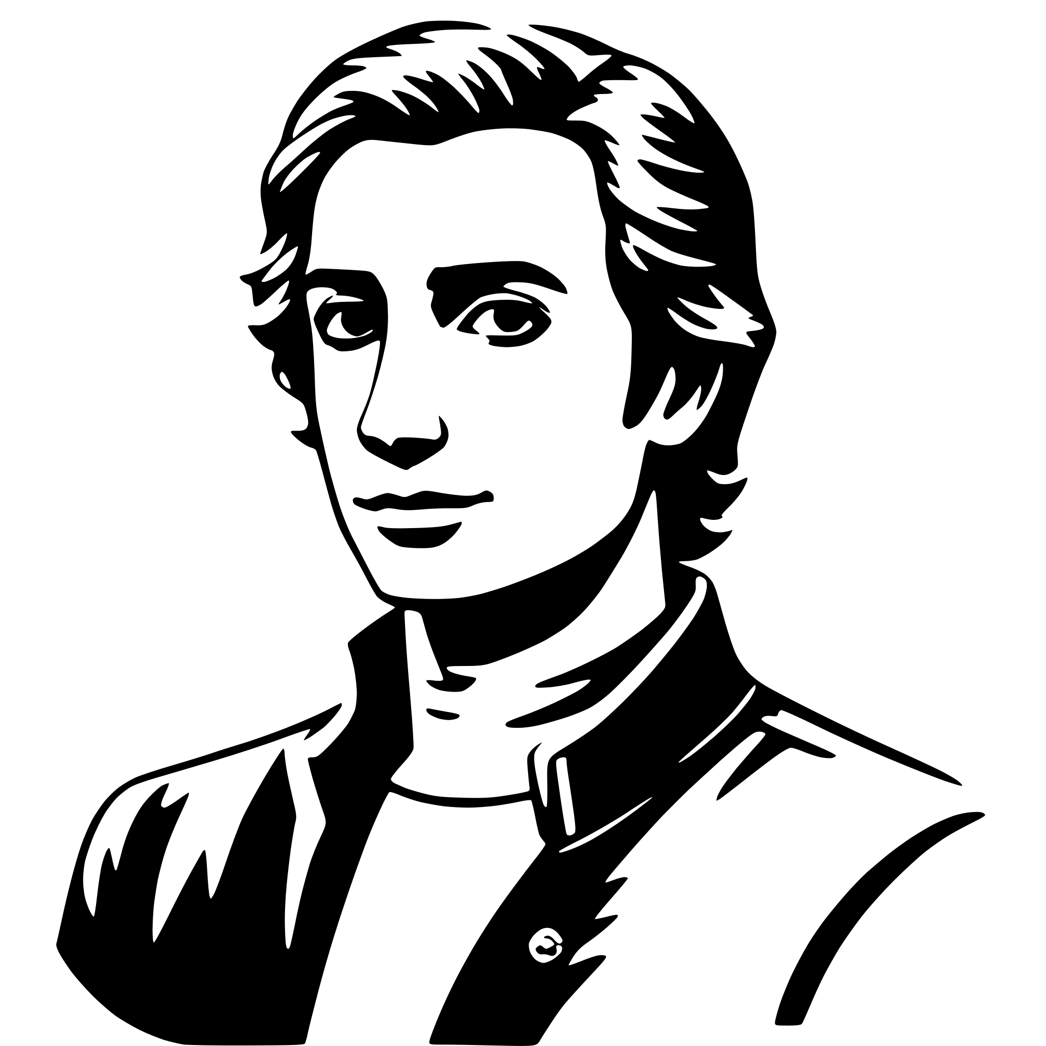 The SVG is a black and white vector illustration of a person's head and shoulders. The person has short, styled hair and is wearing a dark jacket with a lighter inner layer visible at the neckline. The person is looking directly at the viewer with a neutral expression. The style is simplistic and appears to be a stylized representation rather than a realistic portrait. 