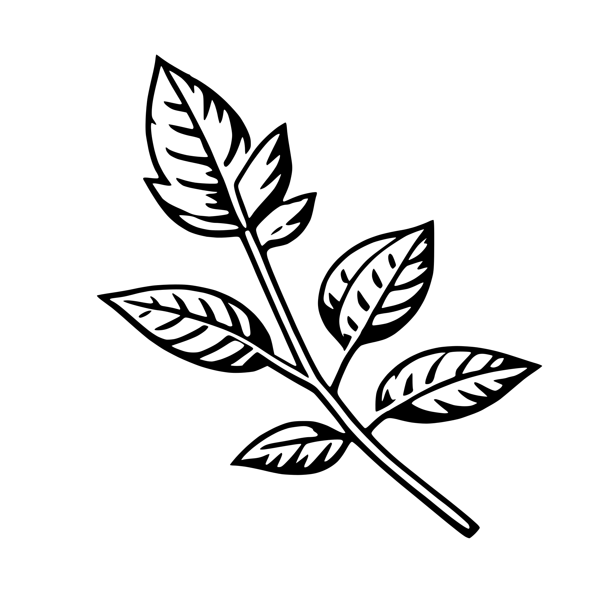 The SVG shows a stylized, black and white illustration of a plant with five leaves. The leaves are arranged in a symmetrical pattern, with the central leaf being the largest and the others decreasing in size as they extend outward. The stem of the plant is thin and extends upwards, supporting the leaves. The leaves have a serrated edge and a central vein that runs down the center of each leaf. The overall style is simple and graphic, with no shading or textures, emphasizing the plant's form and structure. 