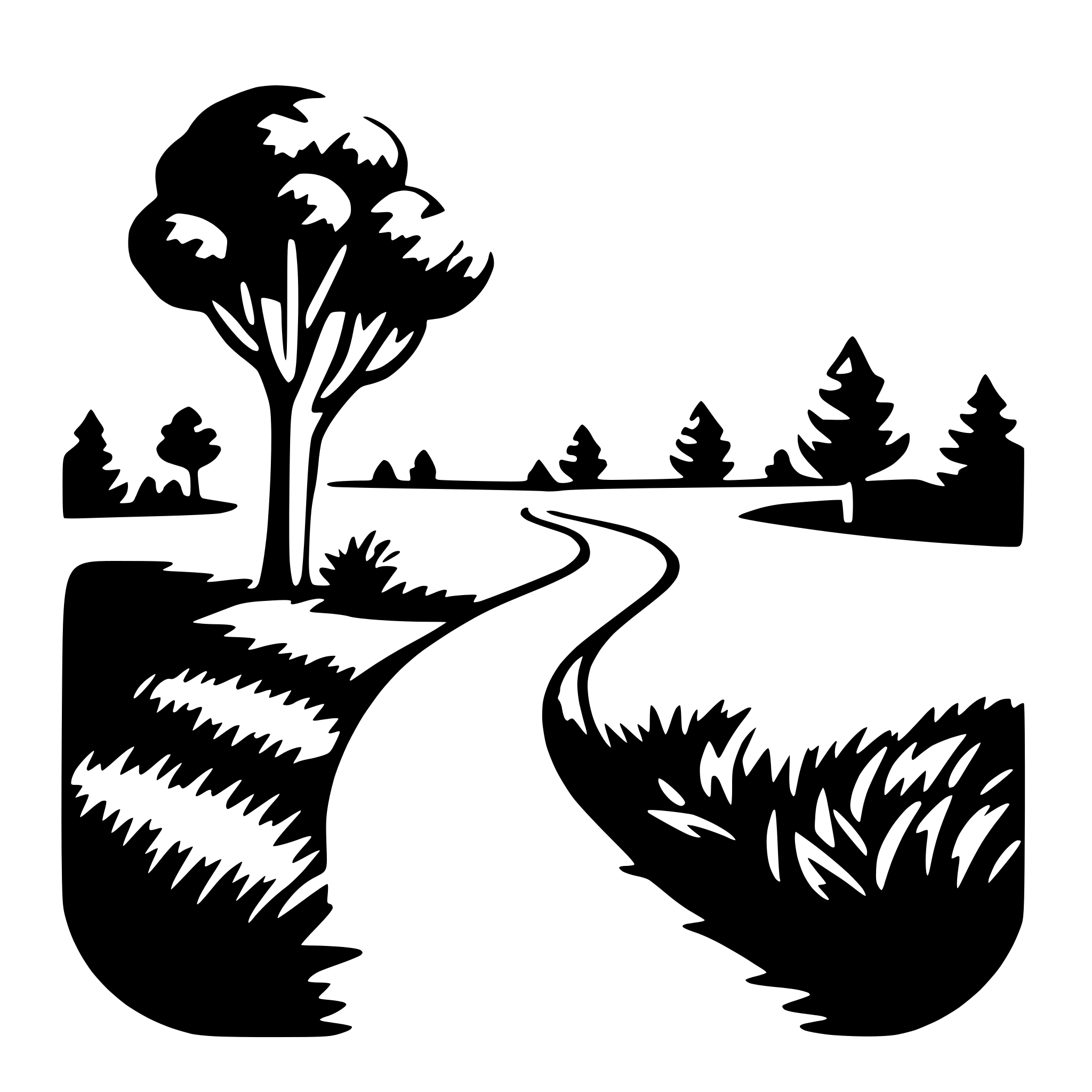 The SVG depicts a stylized, black and white illustration of a winding road leading towards a group of trees. The road curves gently to the right, and the trees are silhouetted against a lighter background, suggesting a path through a wooded area. The trees are depicted with a simple outline, emphasizing their shapes and the contrast between the road and the surrounding environment. The overall style is minimalistic and graphic, with no additional details or textures. 