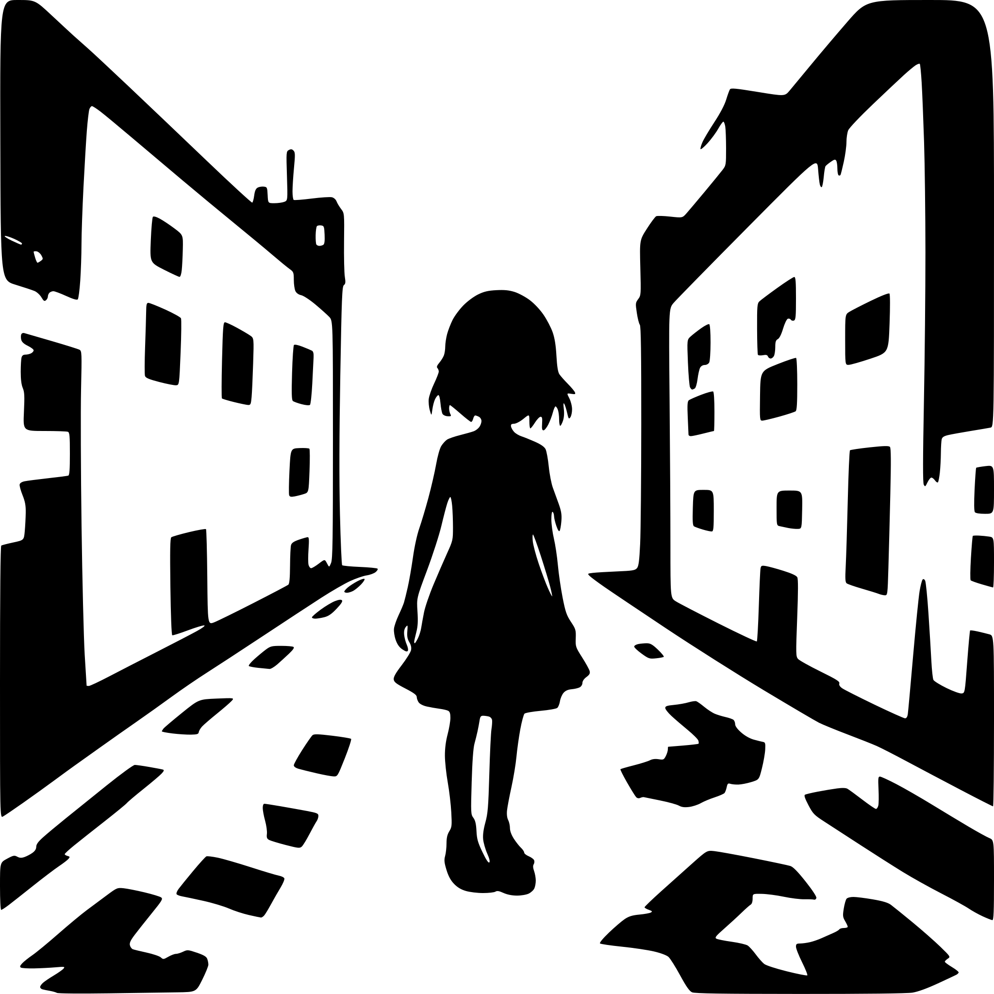 AI-generated SVG of a a creepy girl floating in a destroyed city laneway silhouette AI-generated SVG of a a creepy girl floating in a destroyed city laneway silhouette