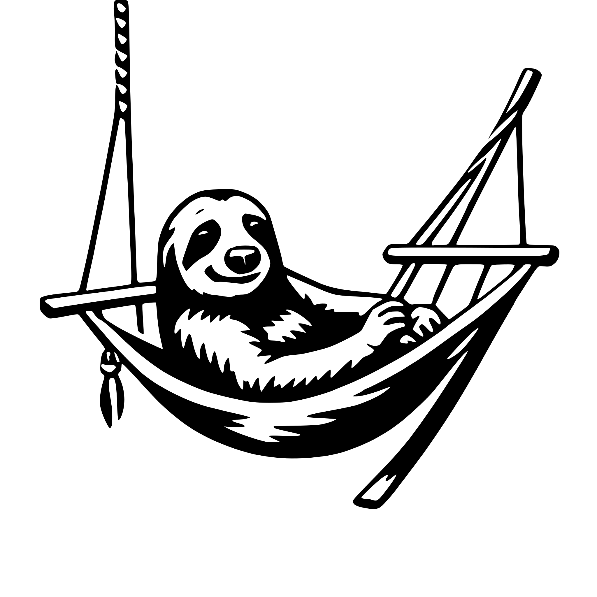 The SVG depicts a stylized, cartoon-like depiction of a sloth in a hammock. The sloth is seated with its arms hanging down, and it appears to be smiling or content. The hammock has a simple design with a curved body and a straight bar at each end, suggesting a basic, perhaps handmade, construction. The sloth is holding onto the bar at the end of the hammock, which is a common way to secure oneself in a hammock. The SVG is minimalistic, with no additional background details, focusing solely on the sloth and the hammock. 