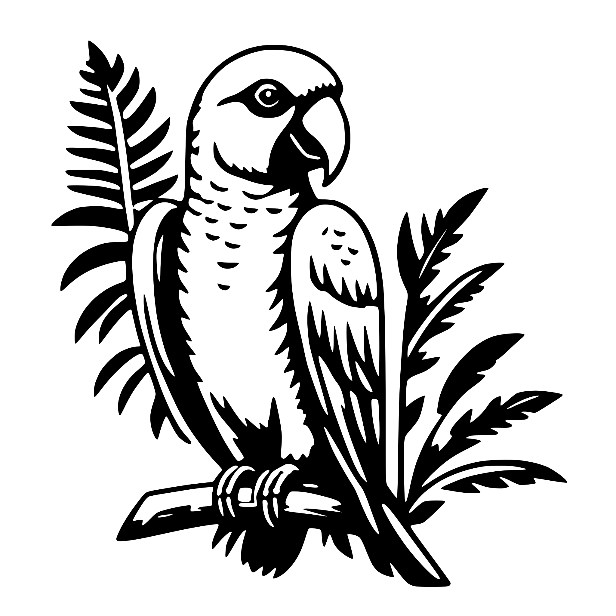 The SVG depicts a stylized parrot perched on a branch. The parrot is facing to the left with its beak slightly open, and its feathers are detailed with shading to give a sense of depth. The branch has a few leaves attached to it, and there is a small, simple representation of a palm leaf behind the parrot. The parrot's feet are wrapped around the branch, and there is a small loop around the branch, possibly indicating a perch or a place to tie the branch. The overall style is illustrative and appears to be designed for decorative purposes. 