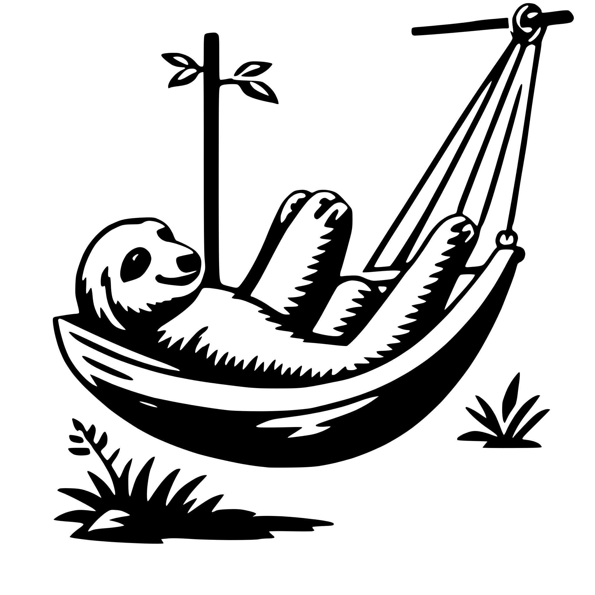 The SVG depicts a stylized, cartoon-like illustration of a sloth. The sloth is shown in a relaxed position, lying on its back with its limbs stretched out. It appears to be resting or sleeping, with a contented expression. The sloth is situated in a hammock-like structure, which is suspended from a single point by a rope. The hammock is supported by a simple, triangular stand. The background is minimalistic, featuring a few simple lines that suggest a natural environment, possibly a tree or a plant. The overall style is playful and whimsical, with a limited color palette that emphasizes the outlines and shapes of the objects. 