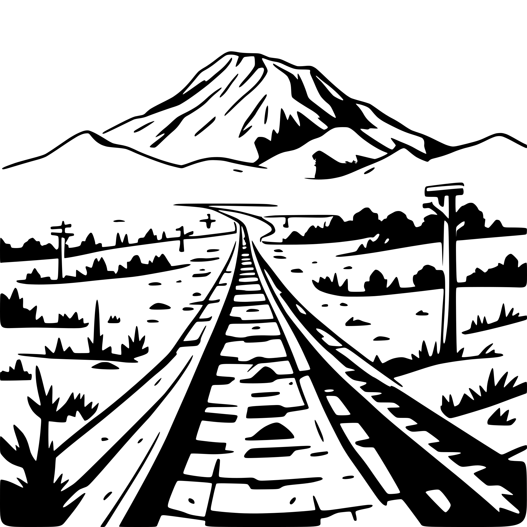 AI-generated SVG of a railroad line disappearing in background landscape mountains and plains