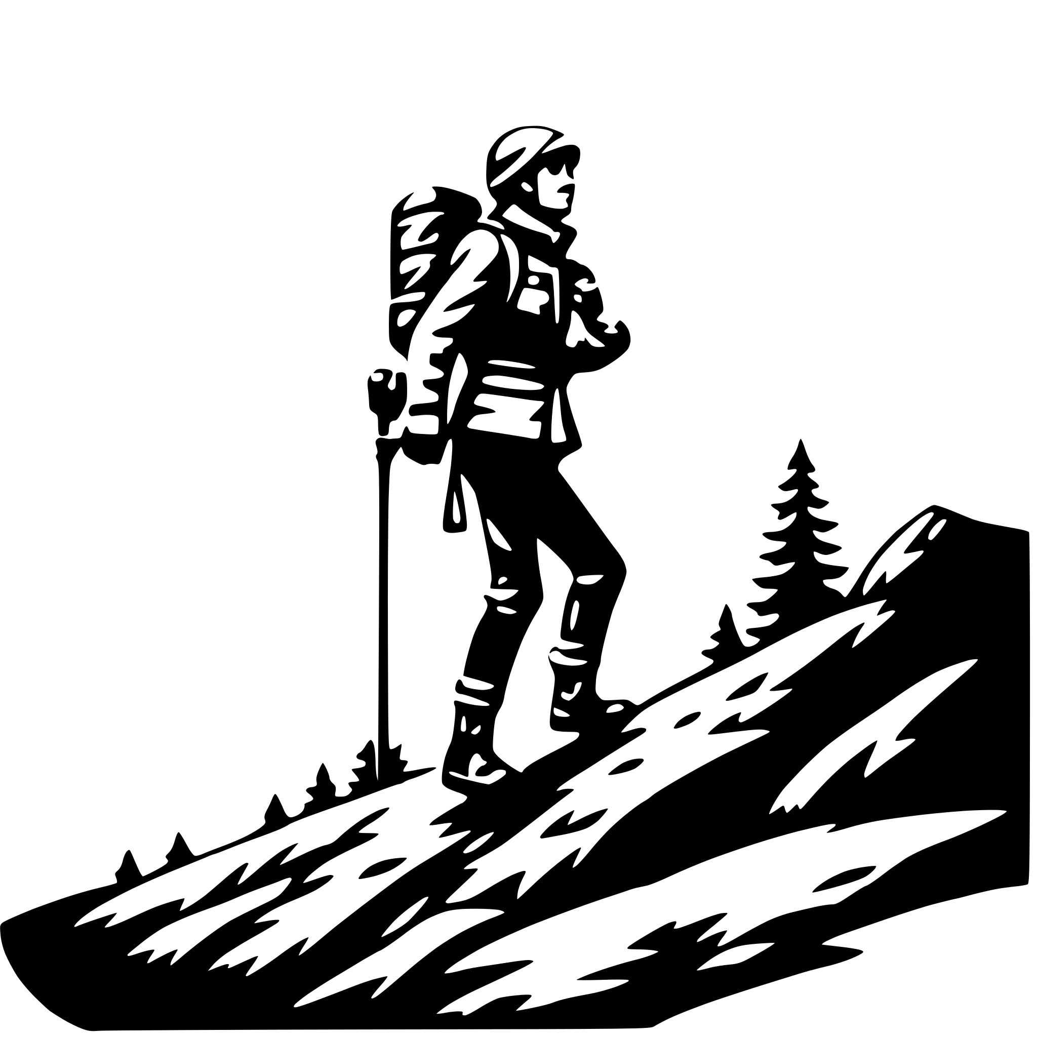 The SVG depicts a silhouette of a person hiking. The hiker is carrying a backpack and is walking up a steep hill or mountain. The terrain is rugged with trees and shadows cast by the hiker, suggesting a sunny day. The hiker appears to be in motion, with one foot raised as if taking a step. The style of the SVG is minimalistic and uses negative space to create the silhouette. 