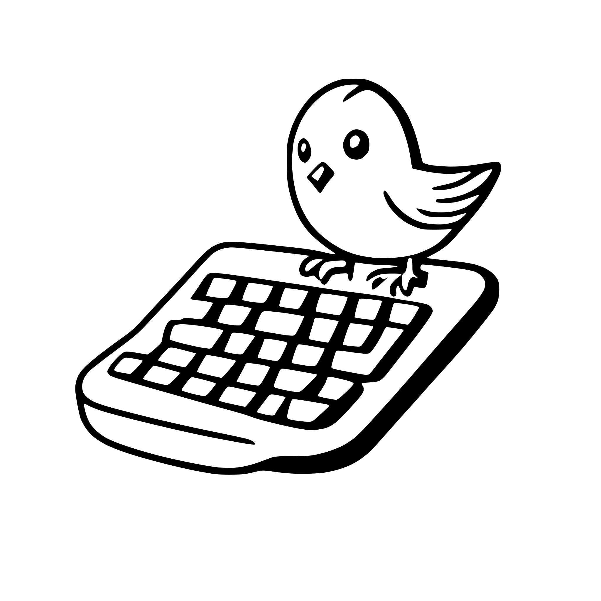 AI-generated SVG of a Simple small cute bird-outline bot typing on a floating keyboard, modern UI, clean lines, white background.