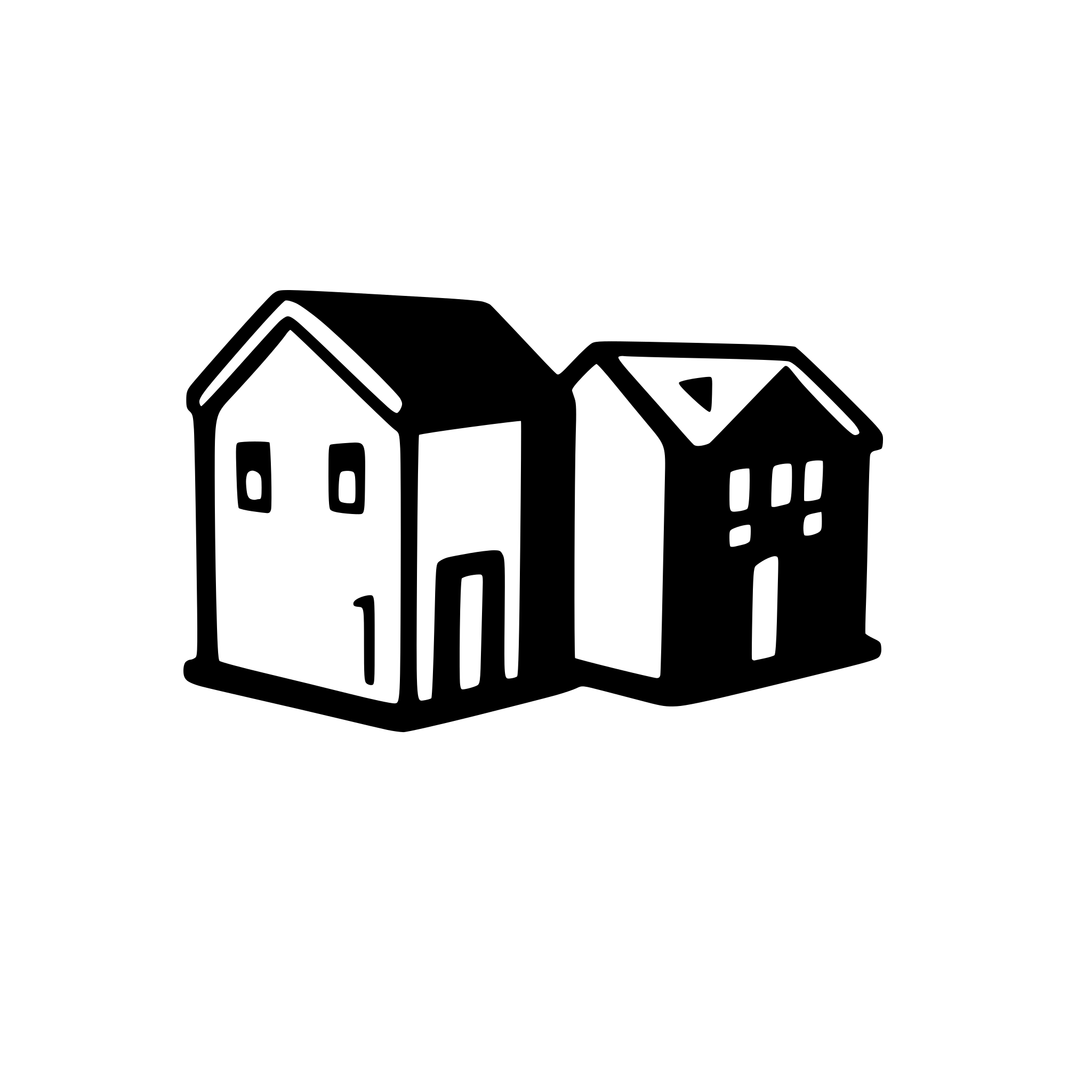 AI-generated SVG of a skyline silhouette icon of 2 small  buildings among 10 houses
