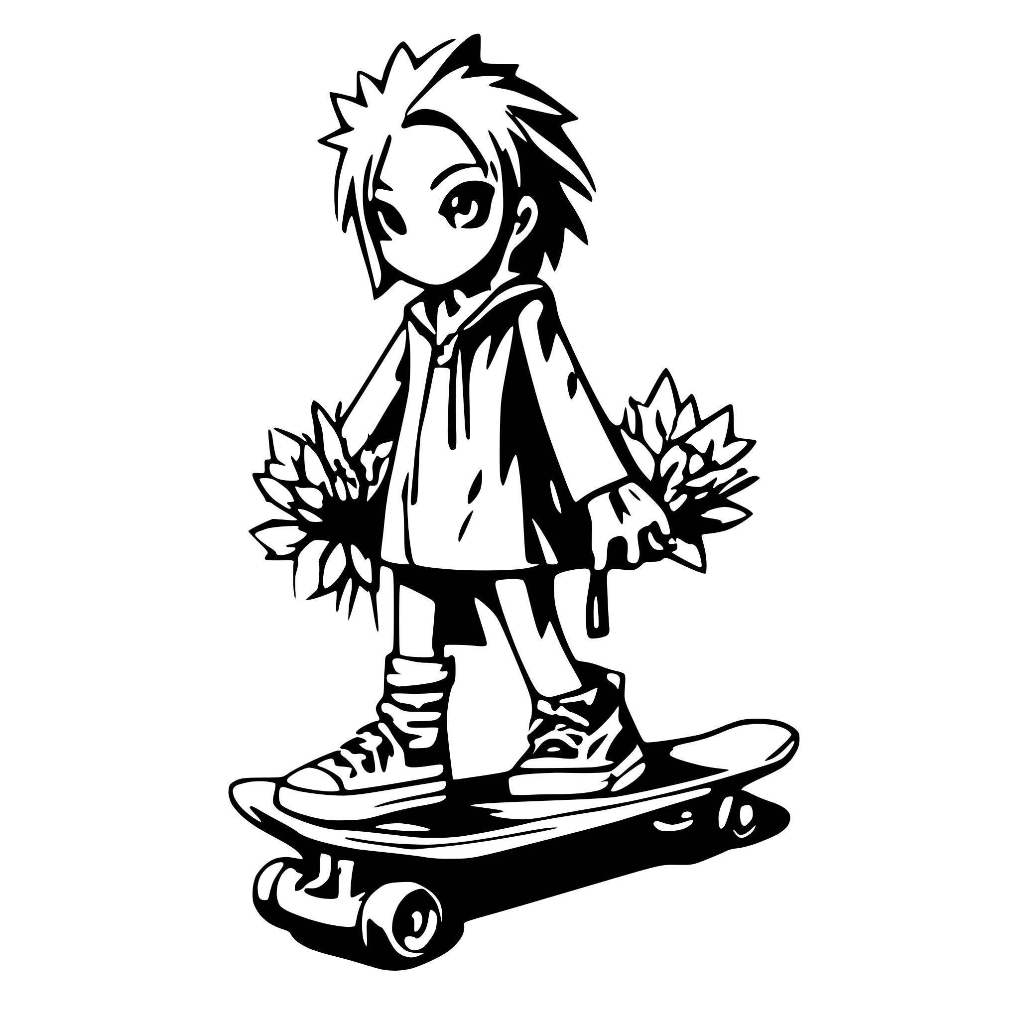 AI-generated SVG of a a tall sunflower character with his converse sneakers riding a skate board