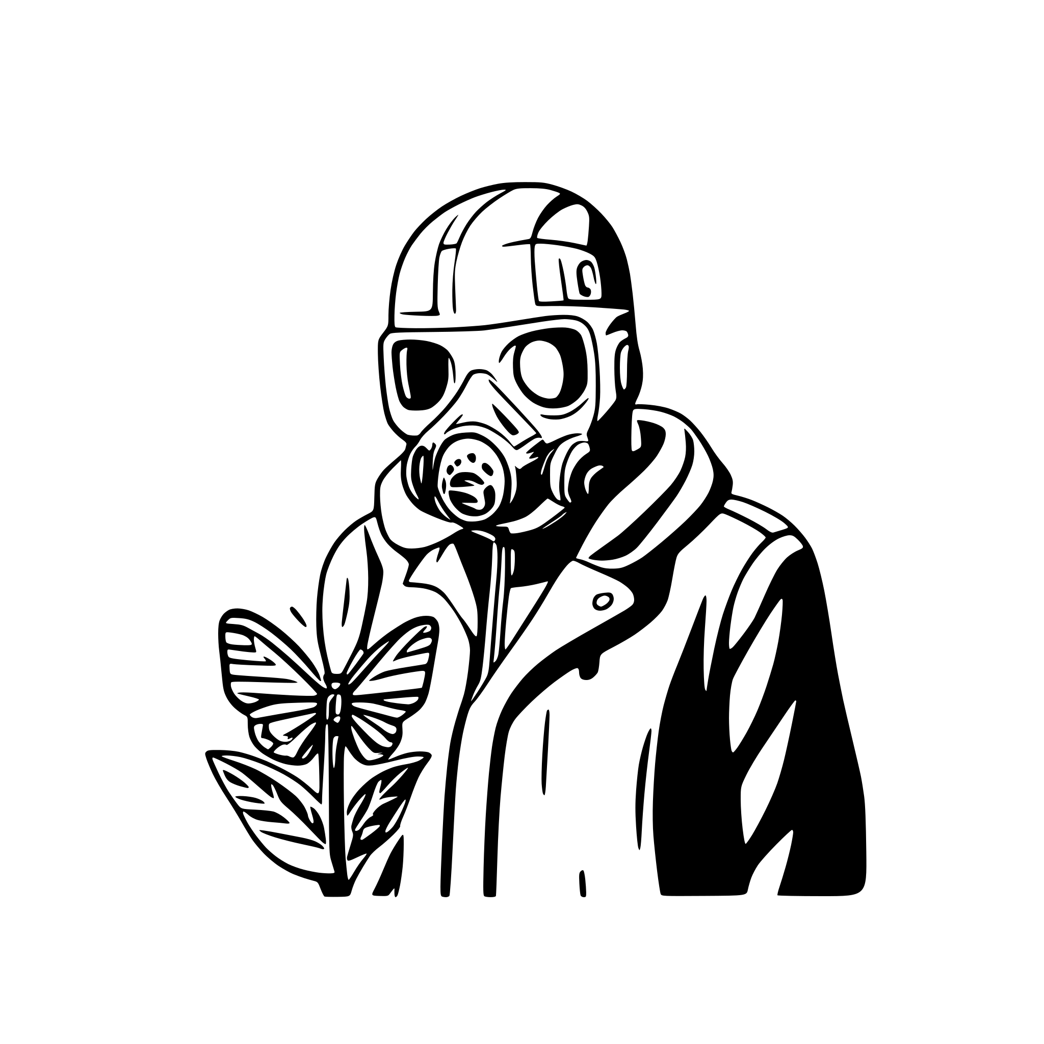 AI-generated SVG of a man with gasmask looking at a butterfly
