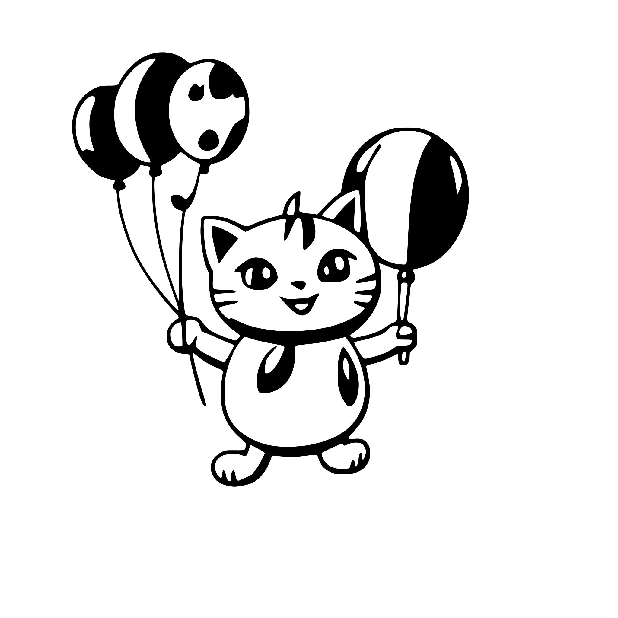 AI-generated SVG of a a happy cat floating with balloons