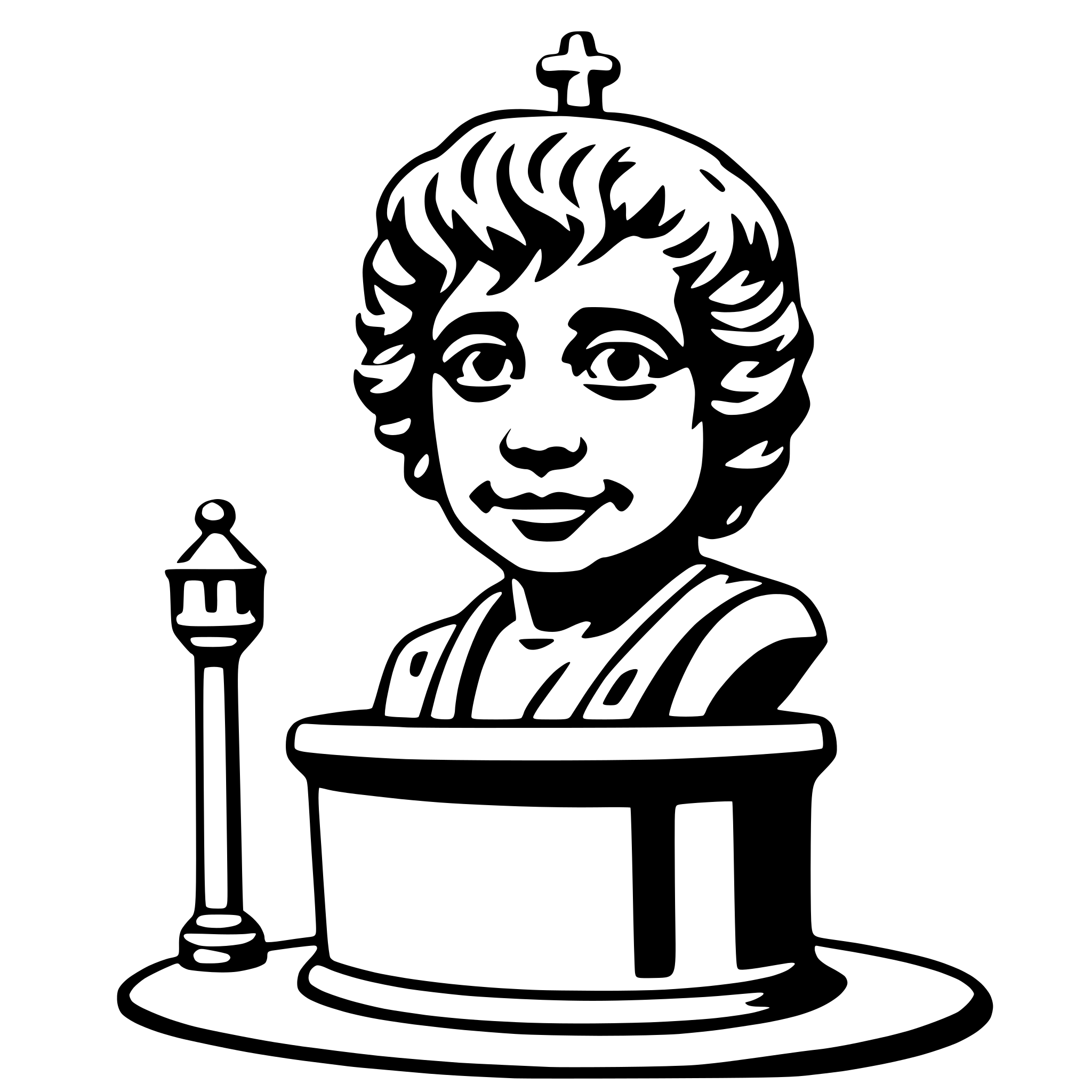 The SVG depicts a stylized black and white illustration of a young boy's head, which is placed within a circular frame that resembles a halo. The boy has curly hair and is smiling. To the right of the boy's head, there is a vertical, cylindrical object that appears to be a bell or a lantern, with a small dome on top. The bell or lantern is standing upright and is slightly taller than the boy's head. The overall style of the SVG is reminiscent of a classic, possibly religious, iconography. 