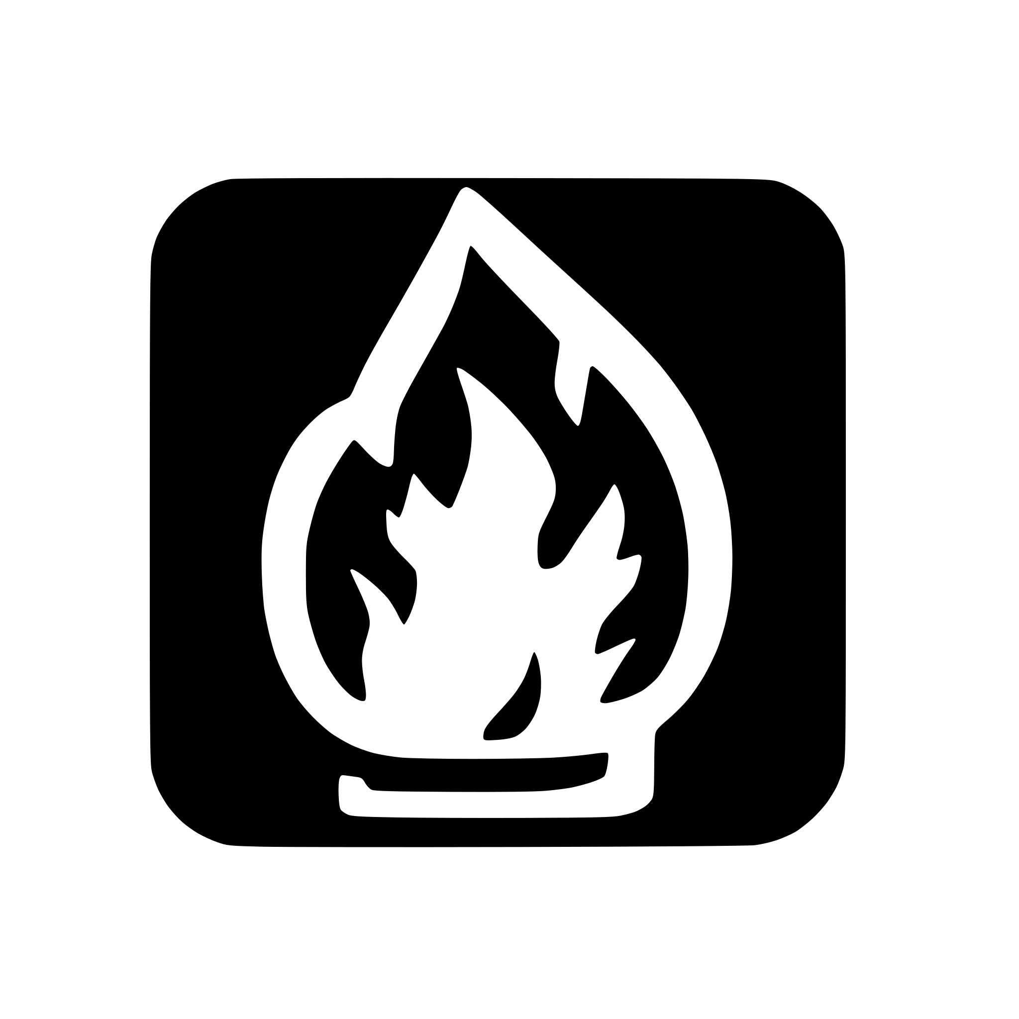 AI-generated SVG of a square app icon with a dark blue background and a stylized white flame symbol split into two shapes in the center. make the flame flow