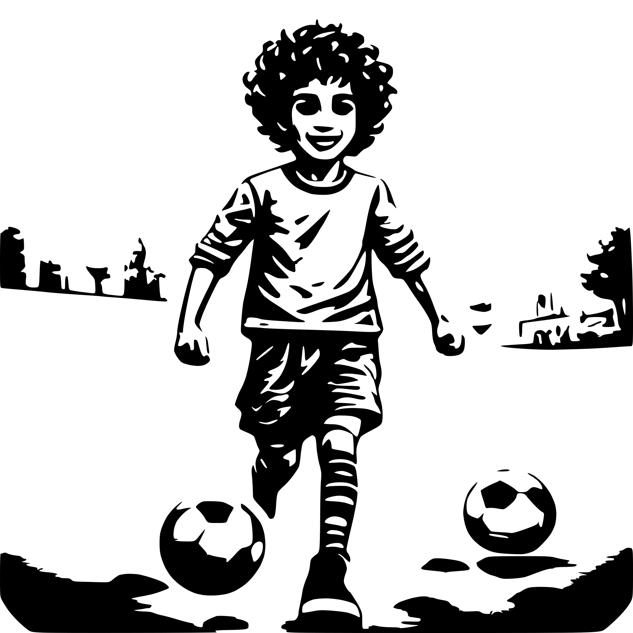 AI-generated SVG of a A cute little boy, with curly hair, playing soccer with his friends on the dirt field of their neighborhood in Iran.