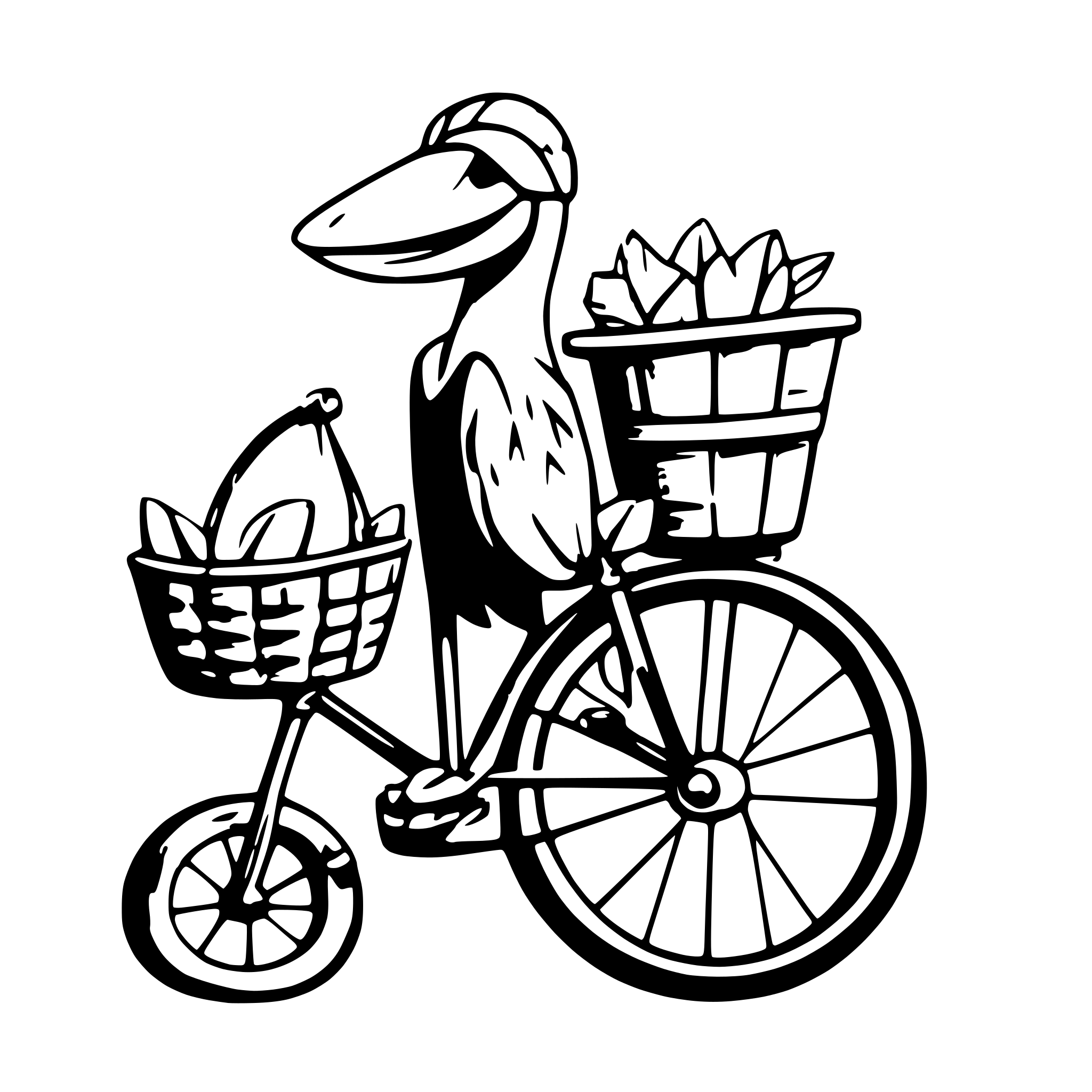 AI-generated SVG of 'Cartoon pelican wearing a helmet pedaling a vintage bicycle with basket'