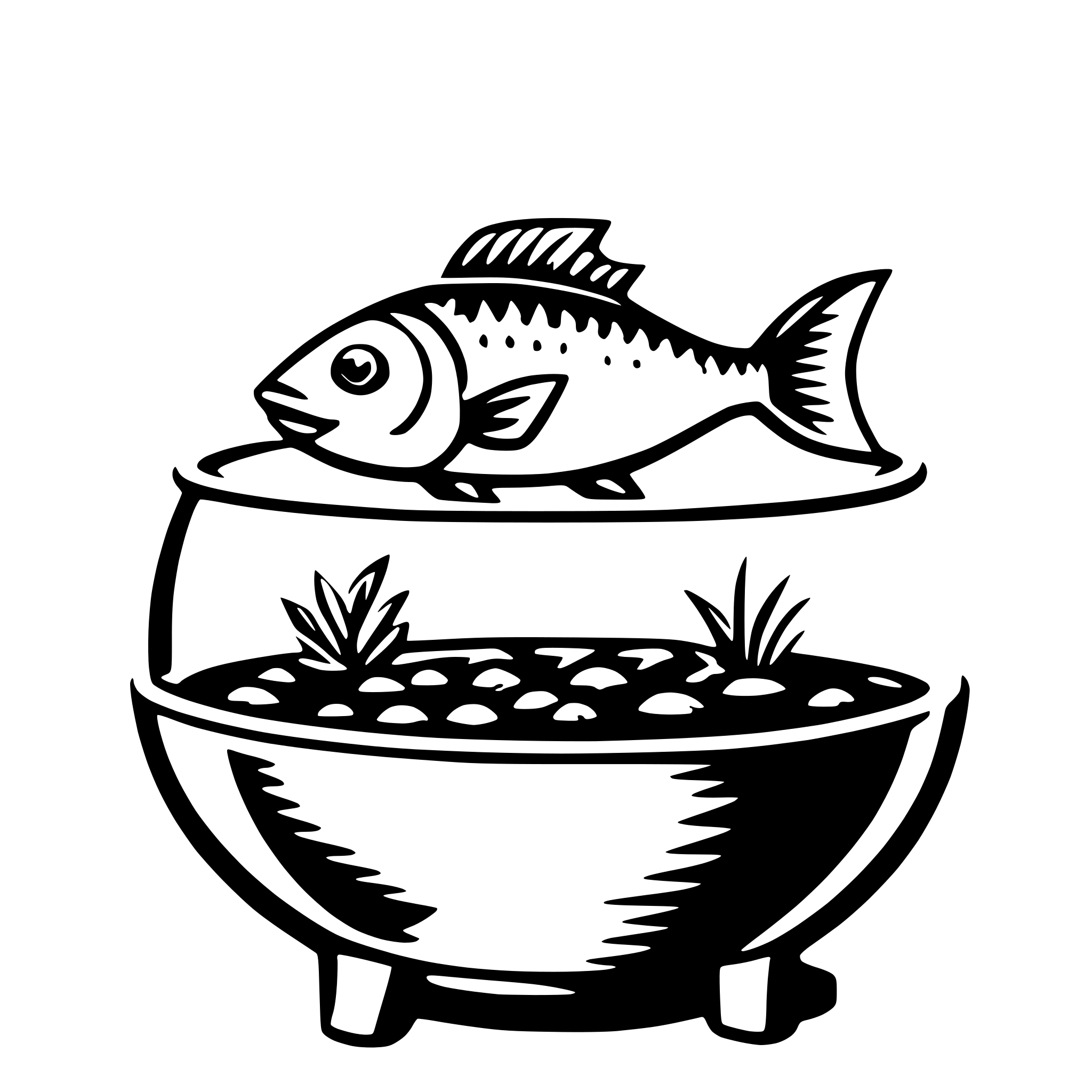 The SVG depicts a stylized illustration of a fish in an aquarium. The fish is shown with a prominent eye, a dorsal fin, and a tail fin. It is positioned above the waterline, suggesting it is swimming near the surface. The aquarium has a rounded shape with a plant inside, indicating a simulated natural environment for the fish. The fish and the aquarium are the main objects in the SVG, and there is no interaction between them; the fish is simply depicted as being inside the aquarium. 
