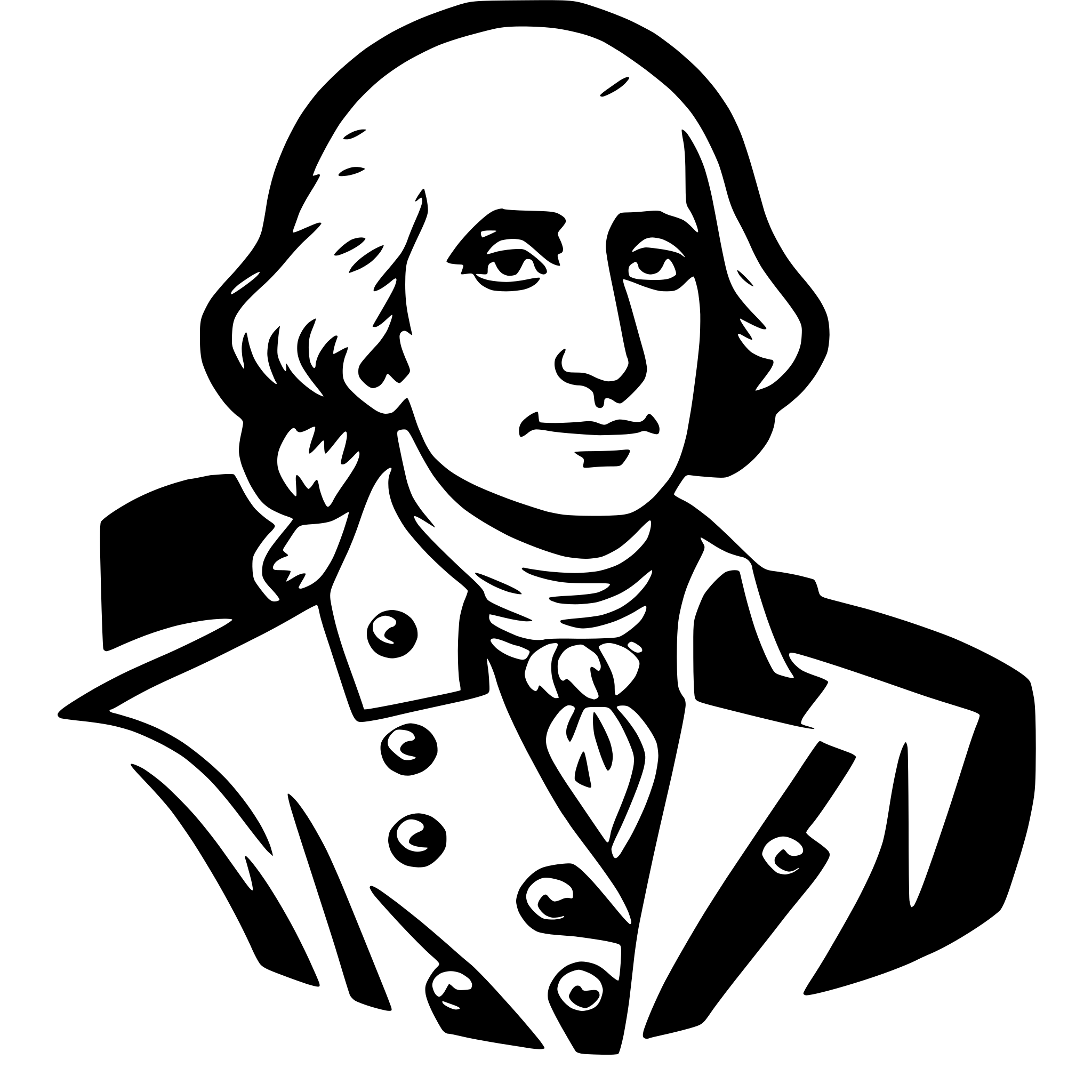 The SVG depicts a stylized black and white portrait of a man, likely representing George Washington, the first President of the United States. The man is shown with a stern expression, wearing a coat with buttons, a white shirt, and a dark tie. His hair is styled in a wig, which was common attire for men in the 18th century. The portrait is framed by a simple outline, and there are no other objects or interactions depicted in the SVG. 