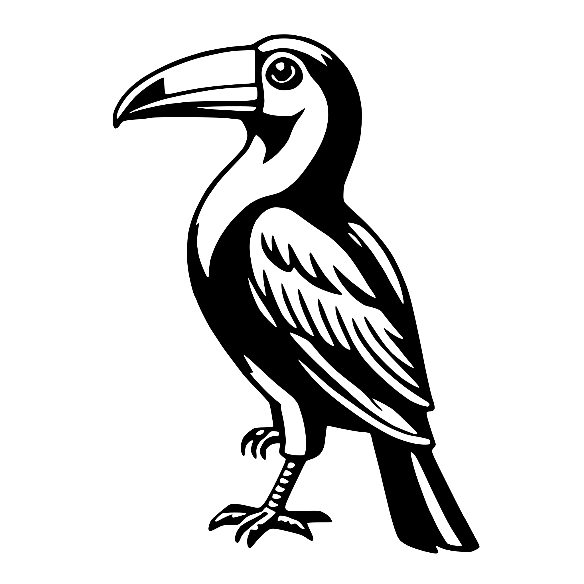 The SVG depicts a stylized black and white illustration of a toucan. The toucan is standing upright with its beak open, revealing a sharp hooked tip. It has a prominent crest on its head, and its feathers are detailed with shading to suggest depth and texture. The tail feathers are fanned out, and the feet are webbed, typical of toucans. The illustration is simple yet detailed, with a clear outline and internal shading to give a sense of volume and form. 