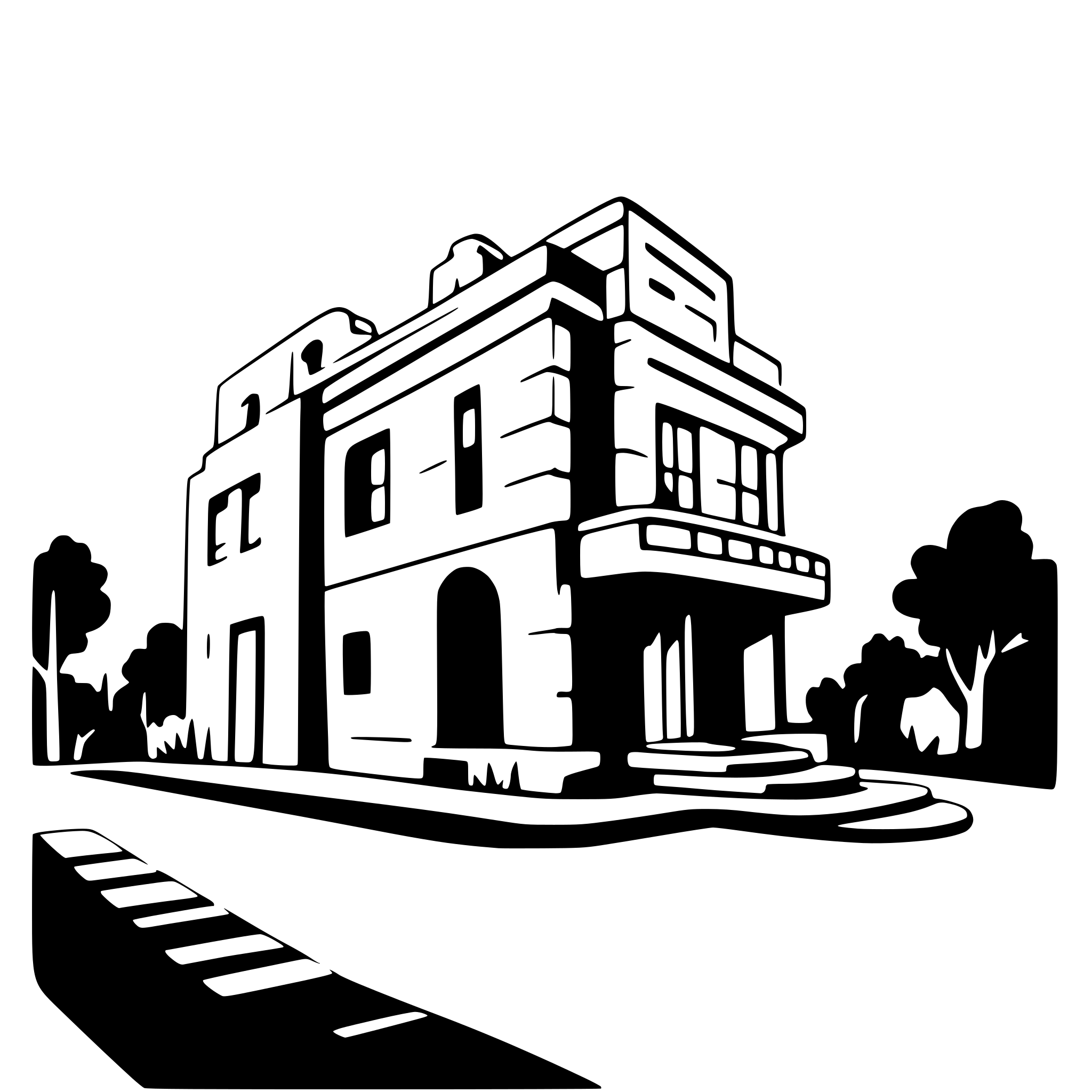 AI-generated SVG of a perspective view of a building and the entry on the right side