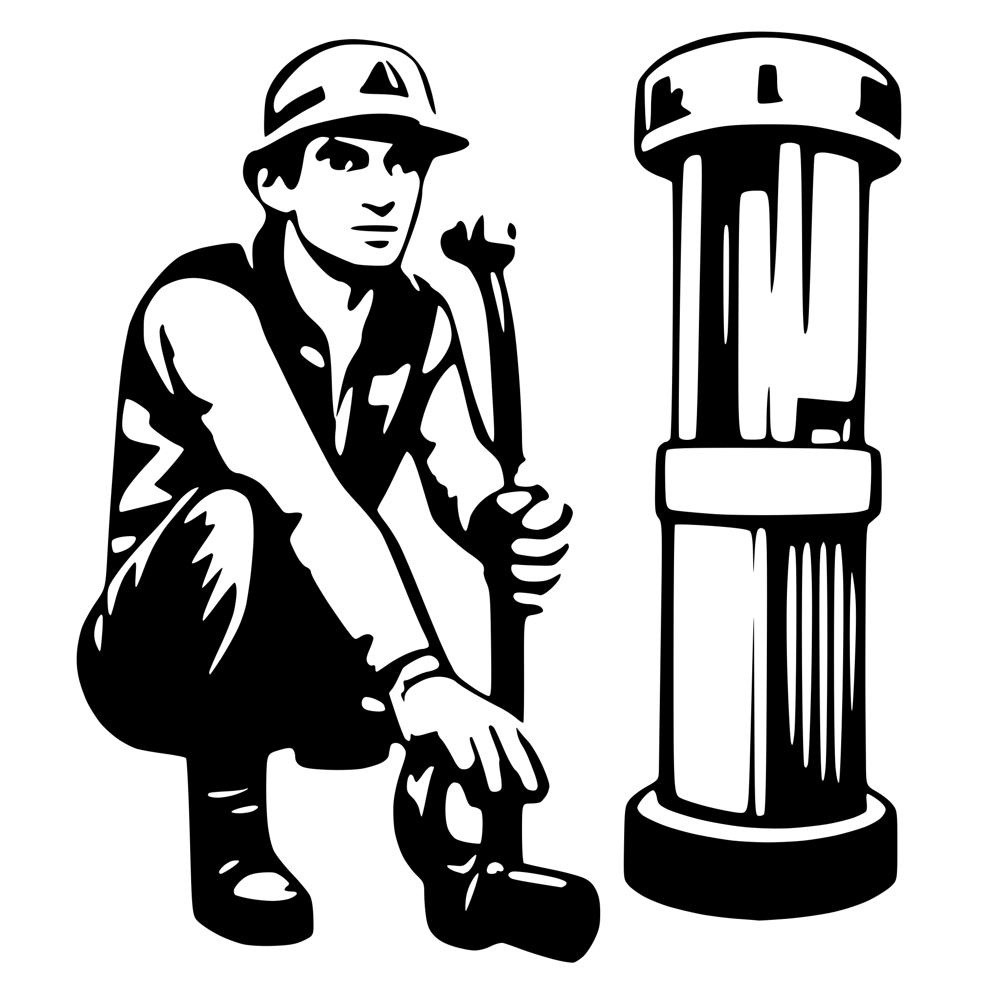 AI-generated SVG of a a man with a baseball cap holding a gas pump hose in hand facing us