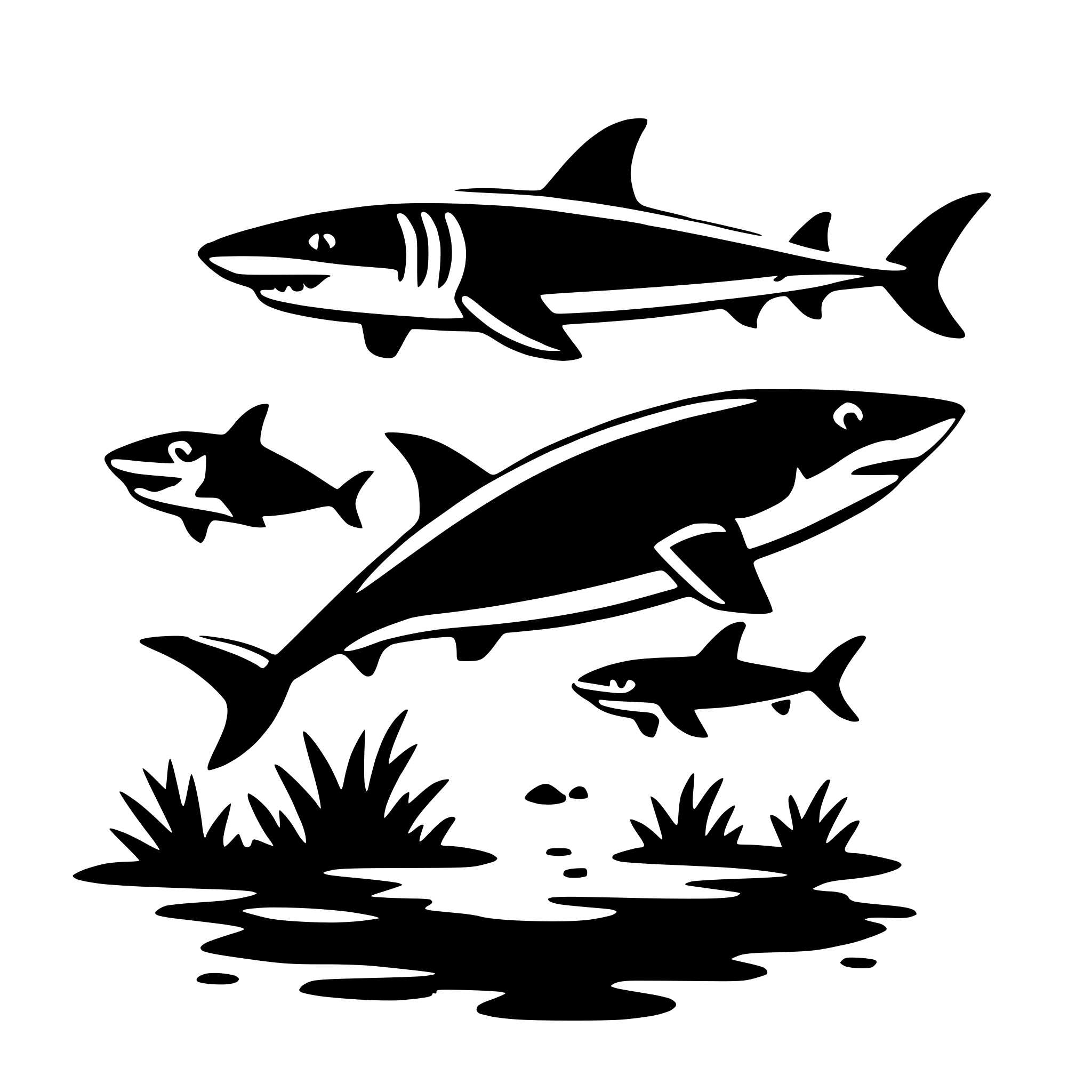 The SVG depicts a group of sharks in a stylized, cartoon-like illustration. There are three sharks, each with a distinct shape and size. The largest shark is in the center, with two smaller sharks positioned above and below it. They are all depicted with a simple, black outline, giving them a silhouette-like appearance. The sharks are swimming in a body of water, which is represented by a darker area at the bottom of the SVG. The background is white, which contrasts with the sharks and the water, making them stand out. The sharks are facing different directions, suggesting movement and activity. The overall style is minimalistic and graphic, with no additional details or textures. 