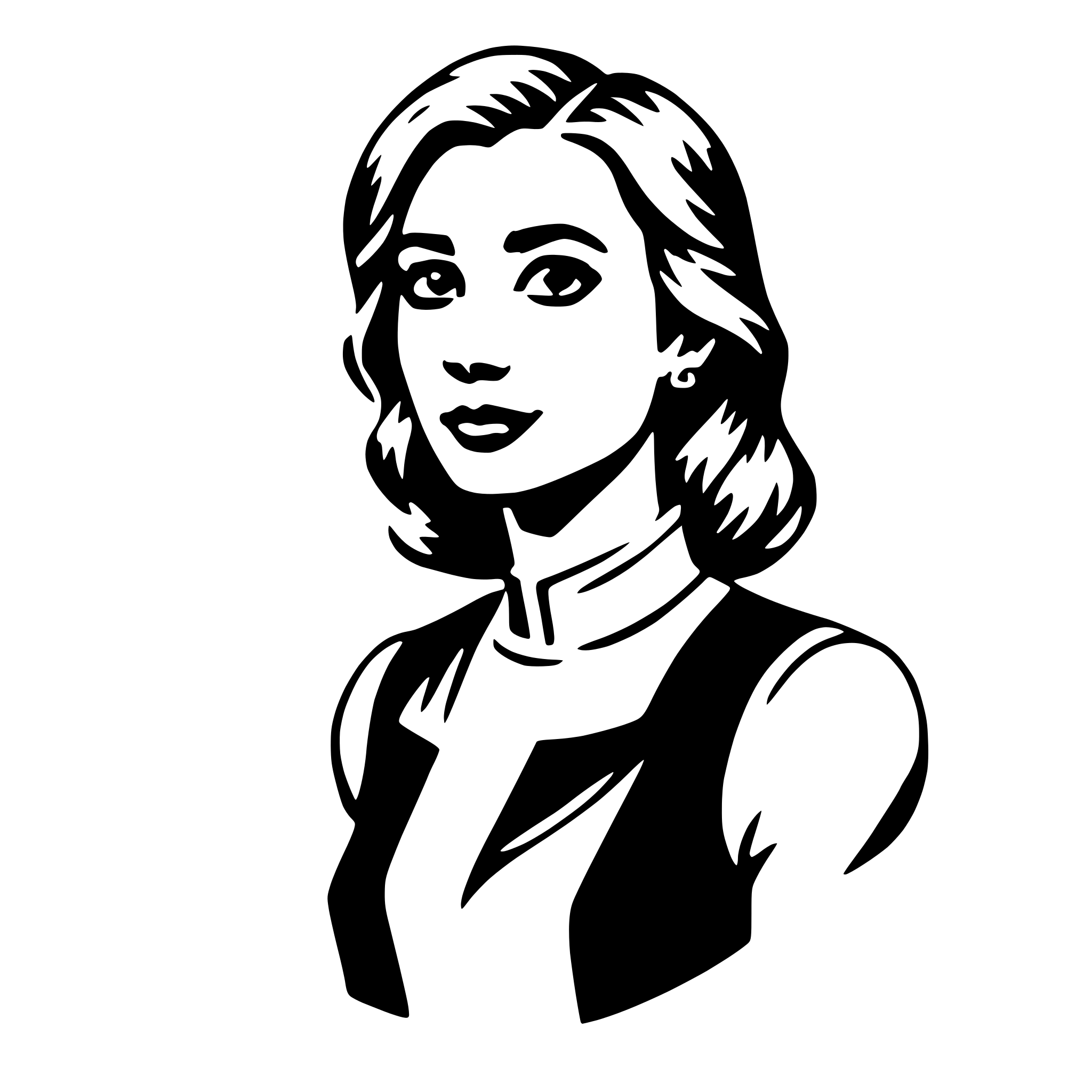 The SVG is a black and white vector illustration of a woman's profile. The woman has short hair, and she is wearing a vest over a white shirt. The illustration is stylized with clean lines and minimal shading, emphasizing the contours of her face and the folds of her clothing. The SVG does not contain any text or additional objects, and the woman's gaze is directed to the side, giving a sense of contemplation or observation. The interaction between the objects is not applicable in this context, as the SVG is a static graphic with no implied movement or interaction. 