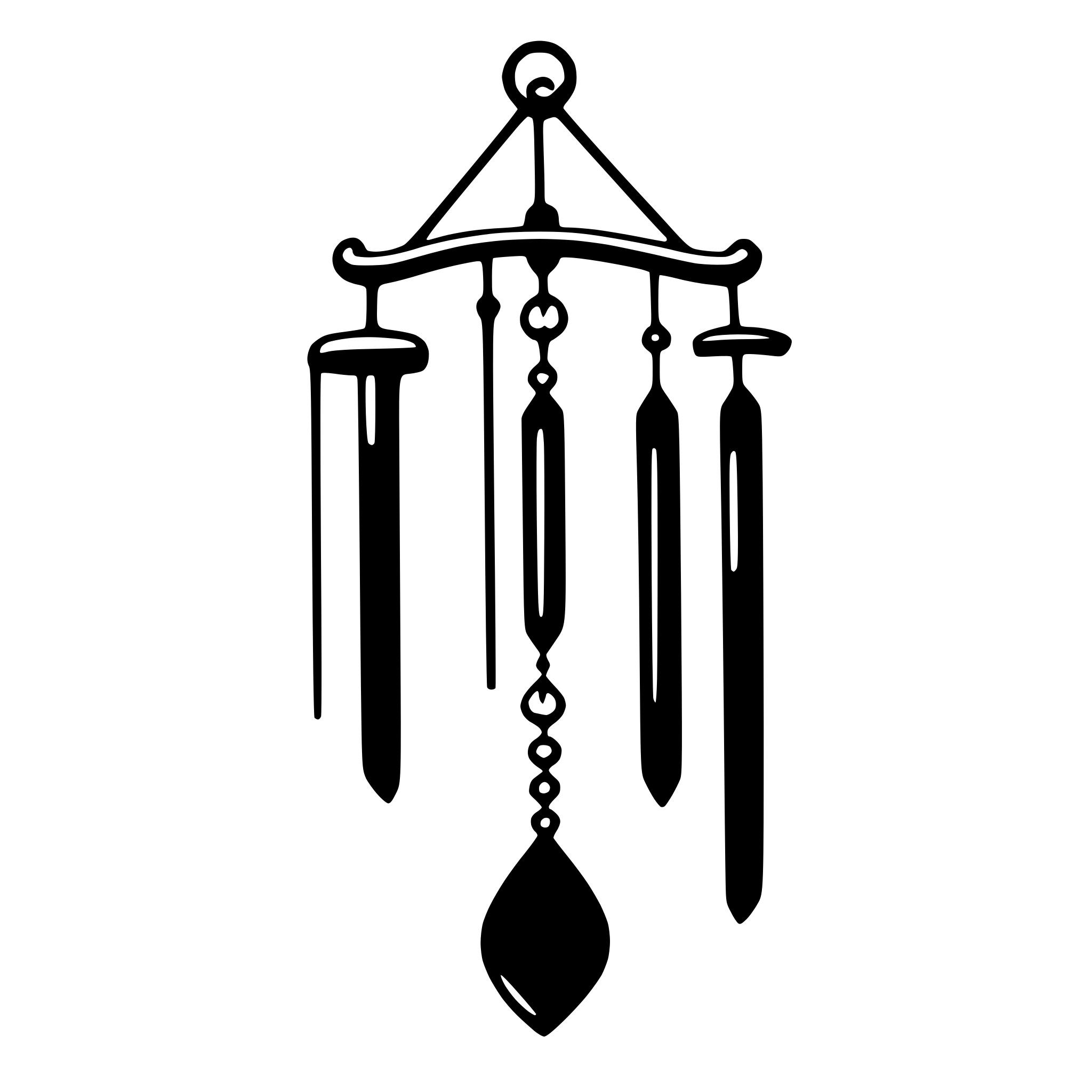 The SVG shows a stylized, black and white illustration of a wind chime. The chime consists of a series of vertical tubes or rods, each with a pointed end, hanging from a central horizontal rod. At the bottom of the chime, there is a larger, teardrop-shaped element, which is likely the weight that causes the chime to swing when the wind blows. The design is simple and abstract, with no additional decorative elements or background details. The chime is depicted in a way that suggests it is suspended from a point above, ready to catch the wind and produce a musical sound. 