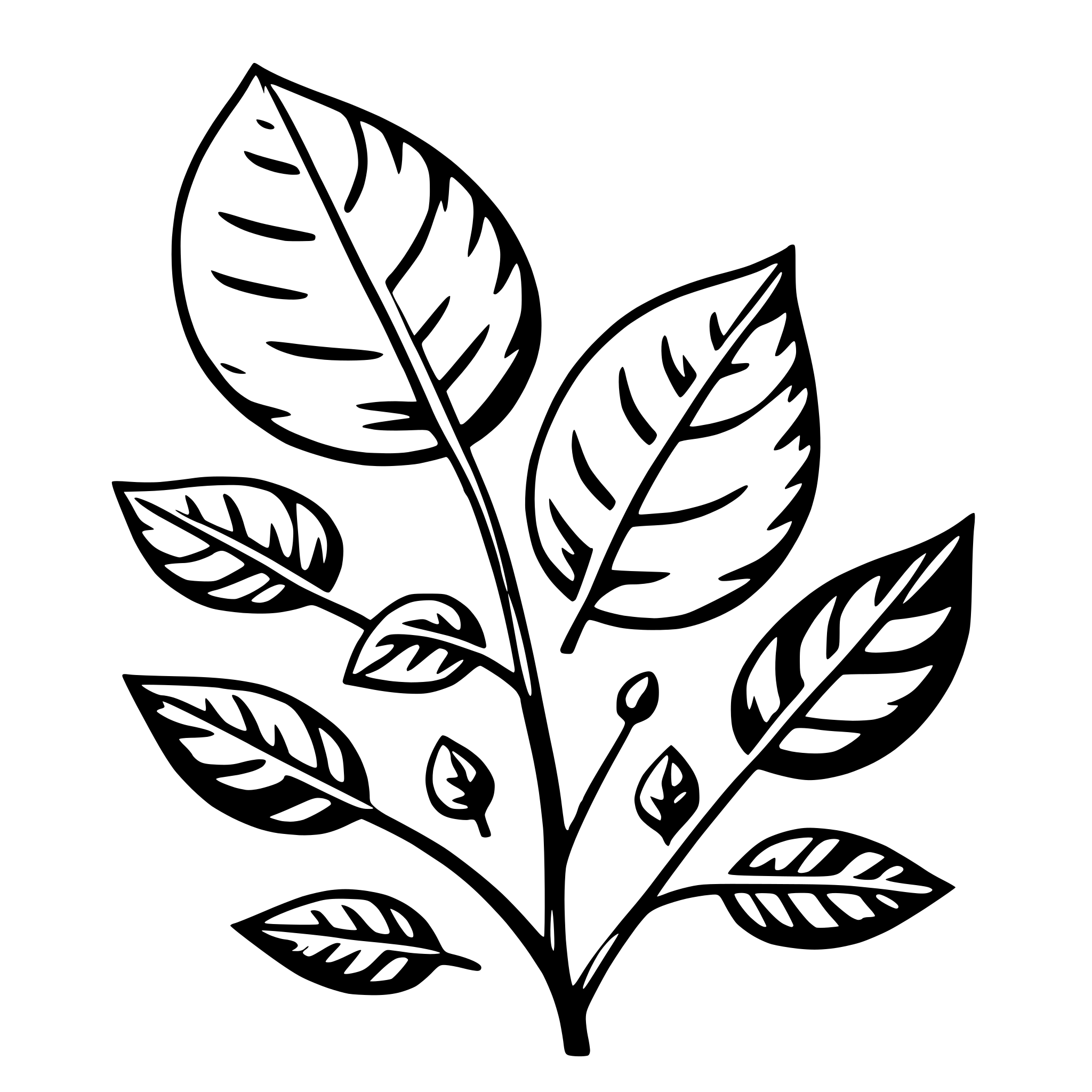 The SVG depicts a stylized plant with leaves and a stem. The leaves are arranged in a symmetrical pattern around the stem, with some leaves overlapping each other. The stem is thin and extends upward, supporting the leaves. The overall design is simple and uses negative space to create the appearance of the leaves. The SVG is a vector graphic, which means it can be scaled to any size without losing quality. 