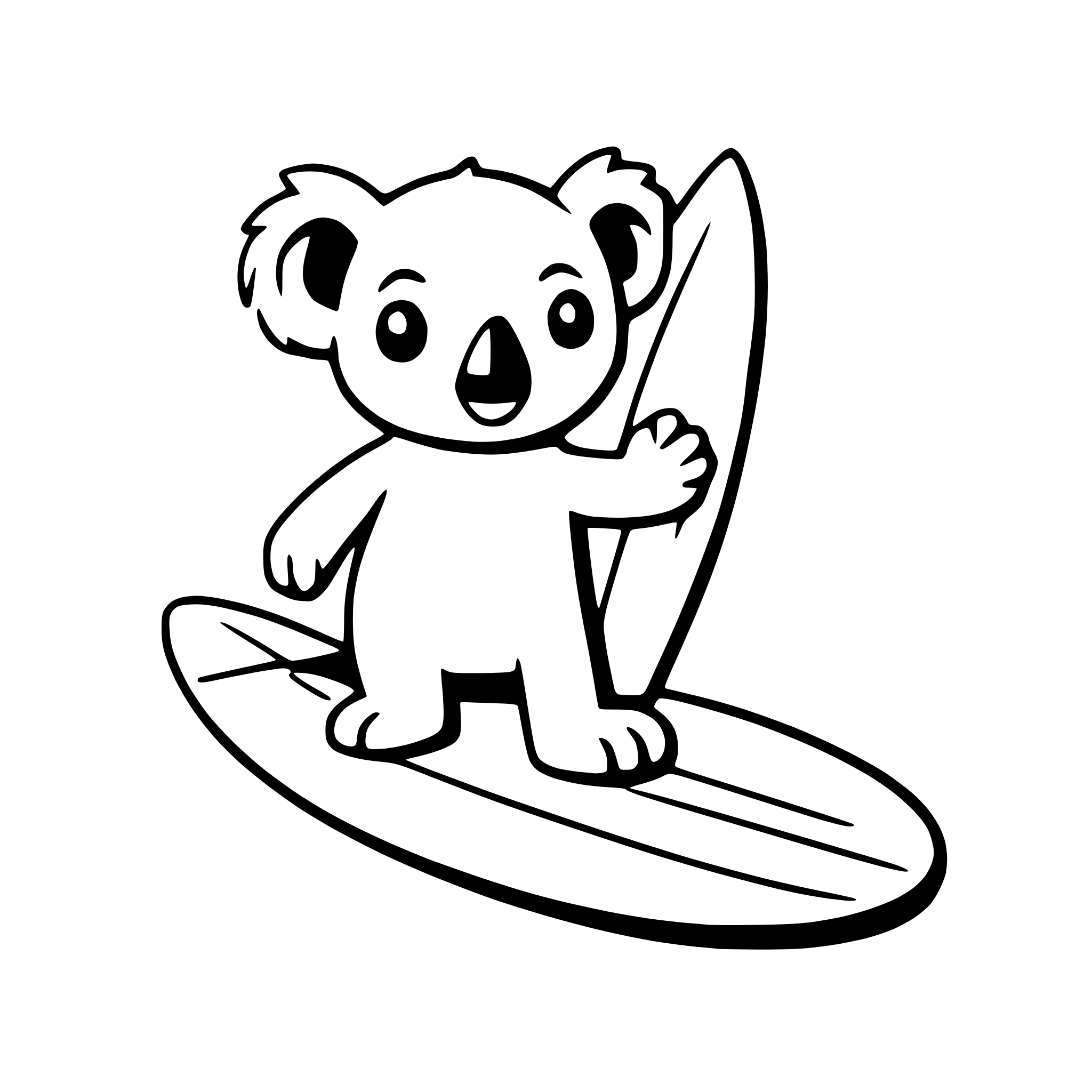 AI-generated SVG of 'a cheerful koala with a surfboard'