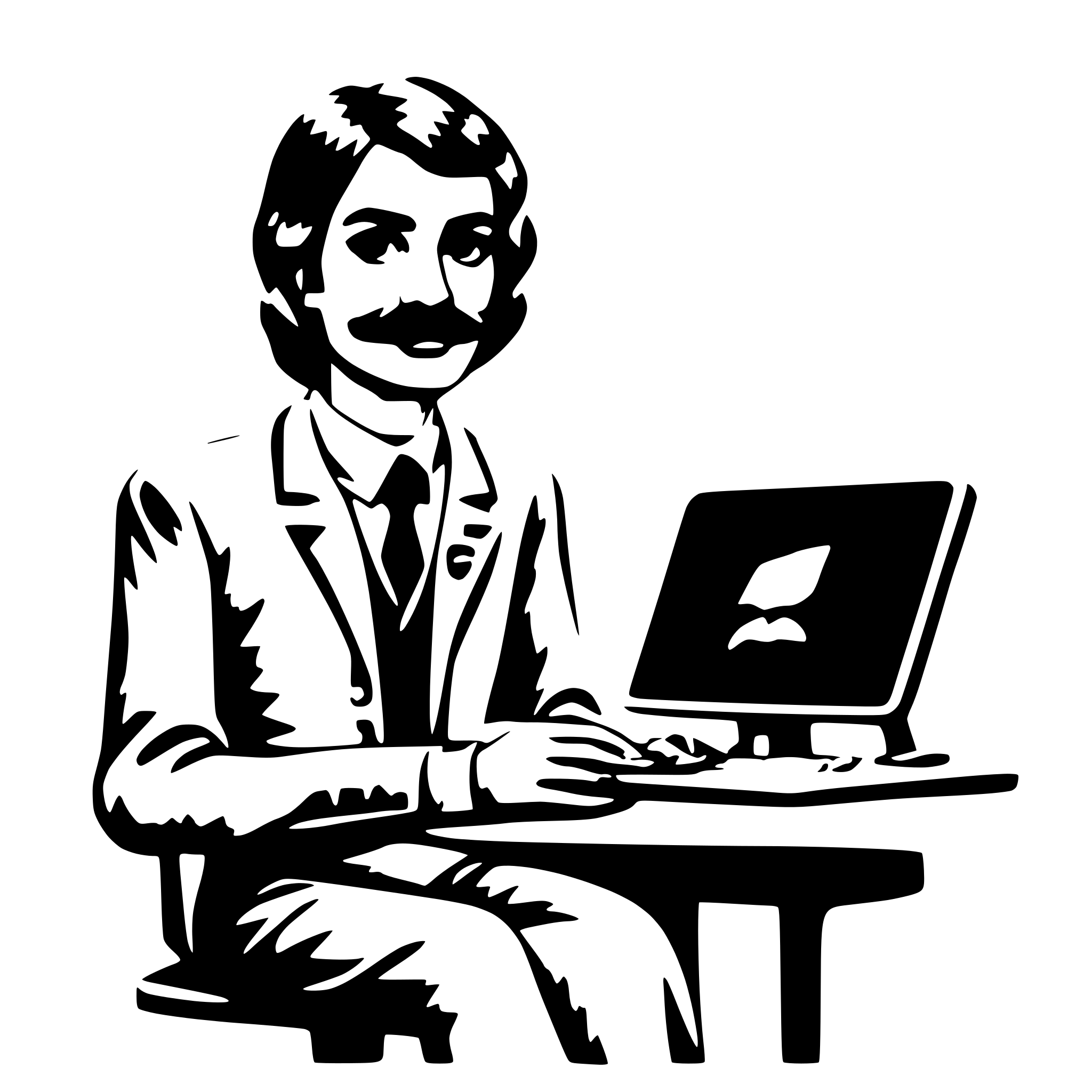 AI-generated SVG of a teacher with little mustache full body with a computer