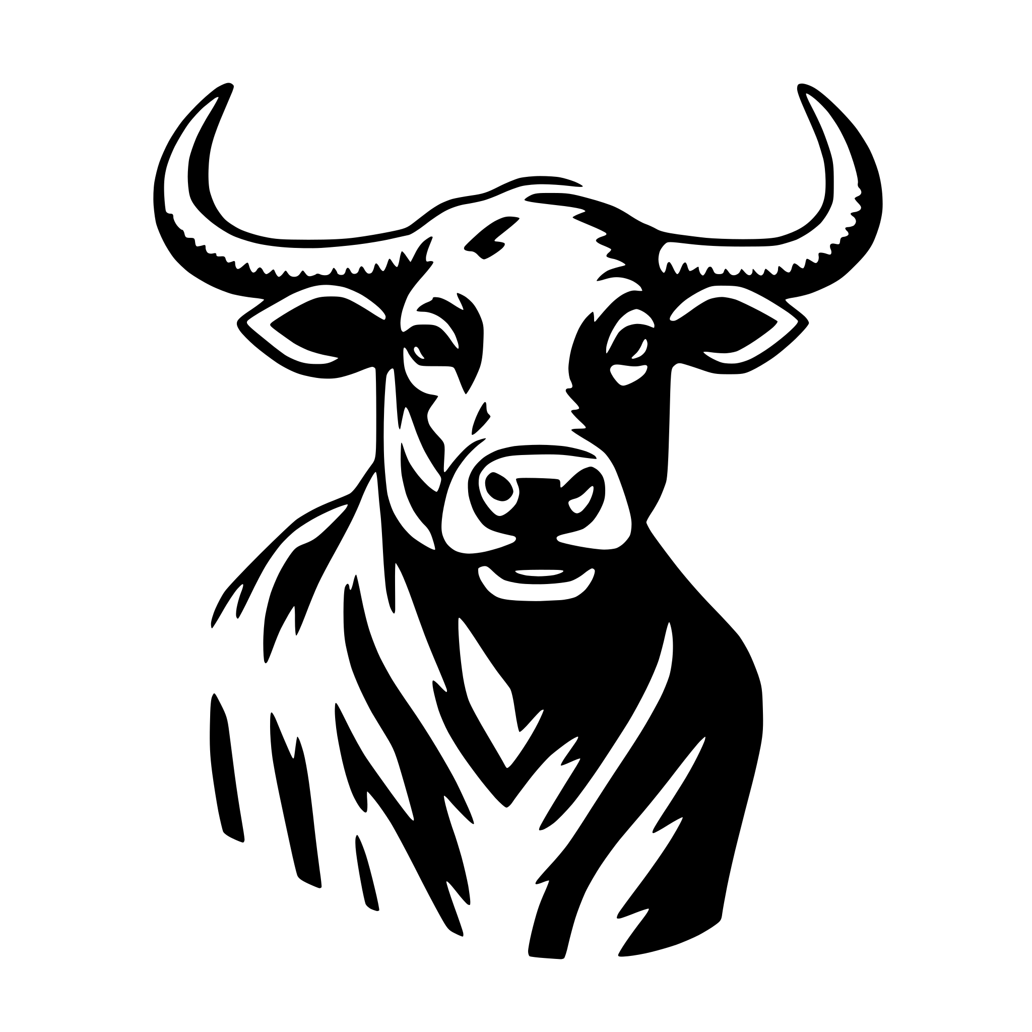 The SVG features a stylized black and white illustration of a bull's head. The bull has prominent horns, a large nose, and a calm expression. The SVG is simple and uses solid black lines against a white background. The bull's head is the central focus of the SVG, and there are no other objects or interactions depicted. 