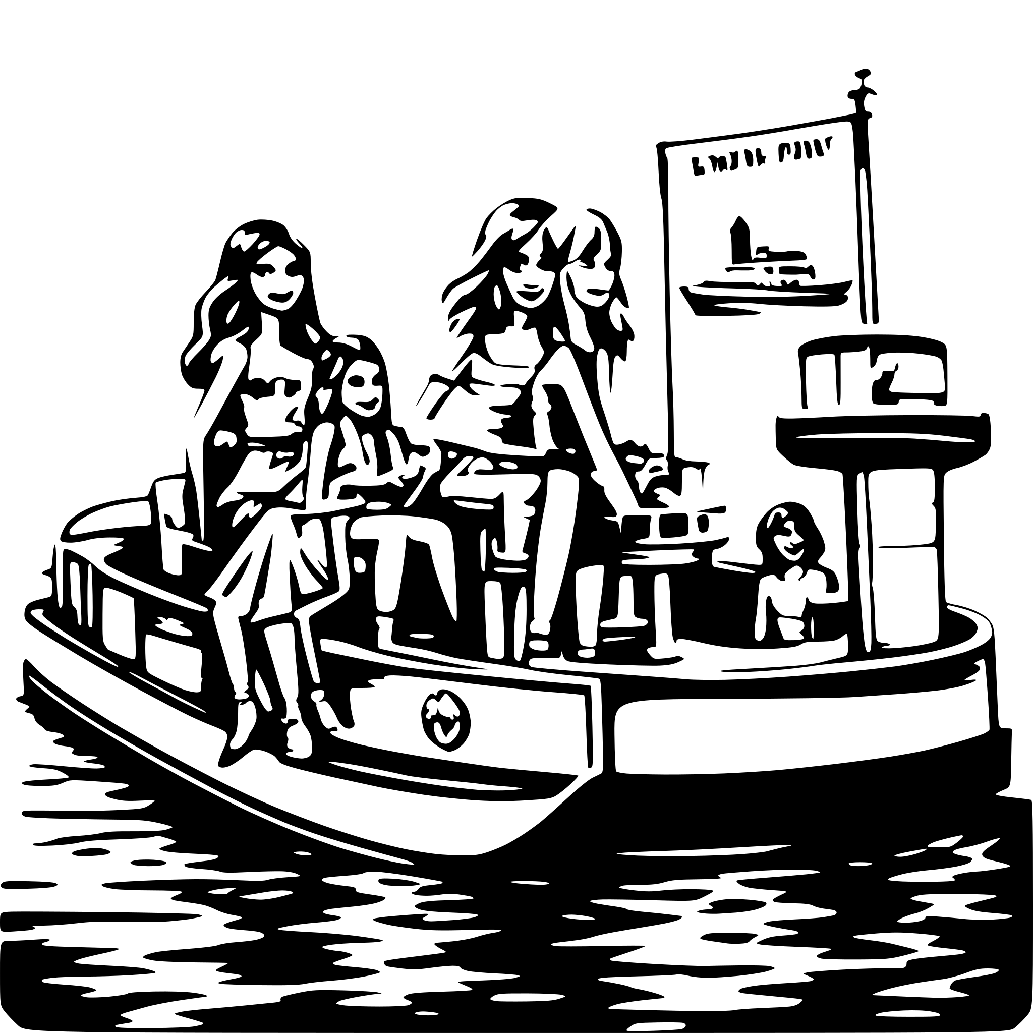 AI-generated SVG of a a pontoon with the words "PINK PONY" above it with girls partying on the boat