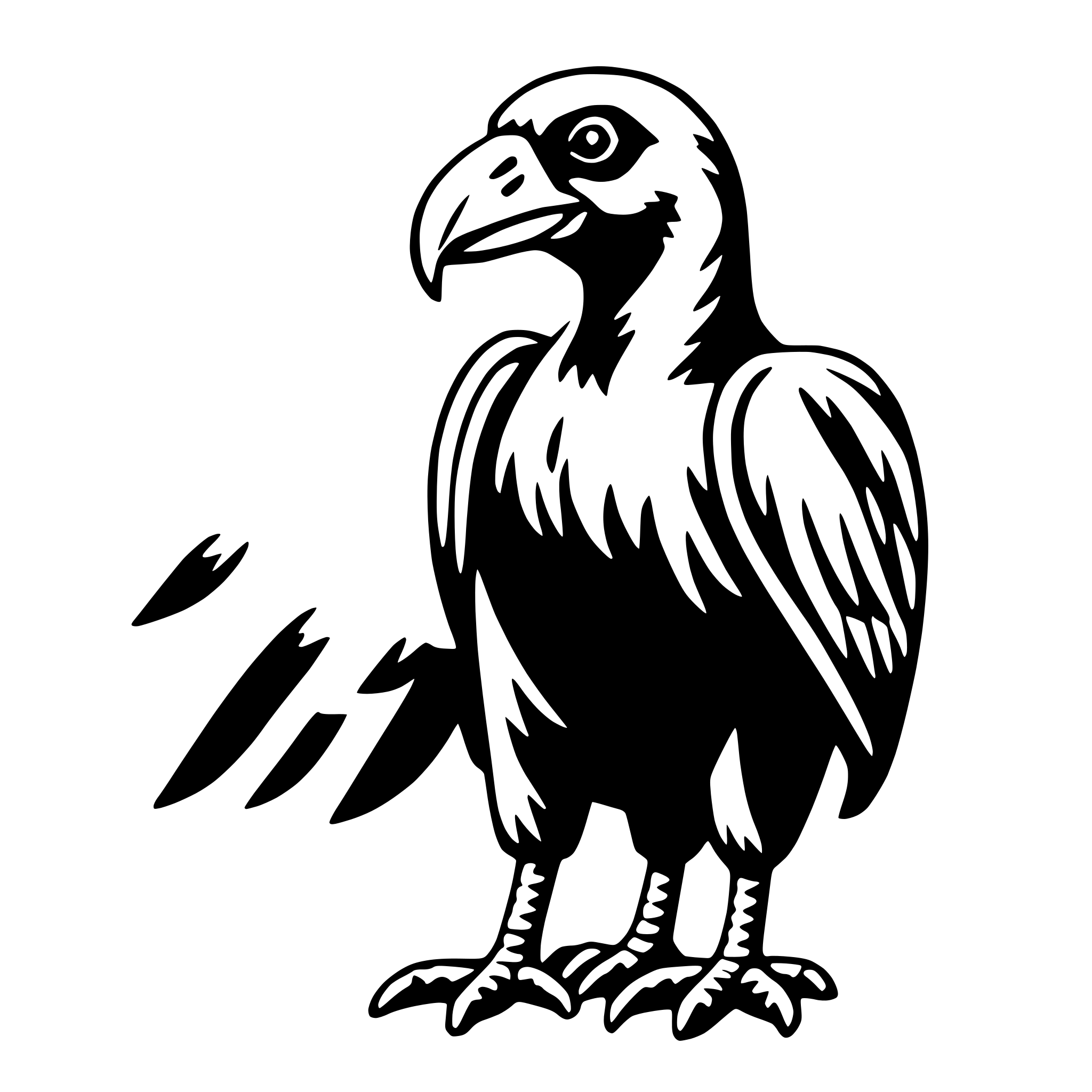 The SVG shows a stylized black and white illustration of a bird. The bird is depicted with a prominent beak, large eyes, and a detailed feather pattern. It is standing on two legs, and there are what appear to be small, dark shapes around the bird, possibly suggesting movement or a shadow effect. The bird's wings are spread out, and the tail feathers are visible. The style of the illustration is simplistic and graphic, with clean lines and a lack of shading or texture that would suggest a more realistic representation. 
