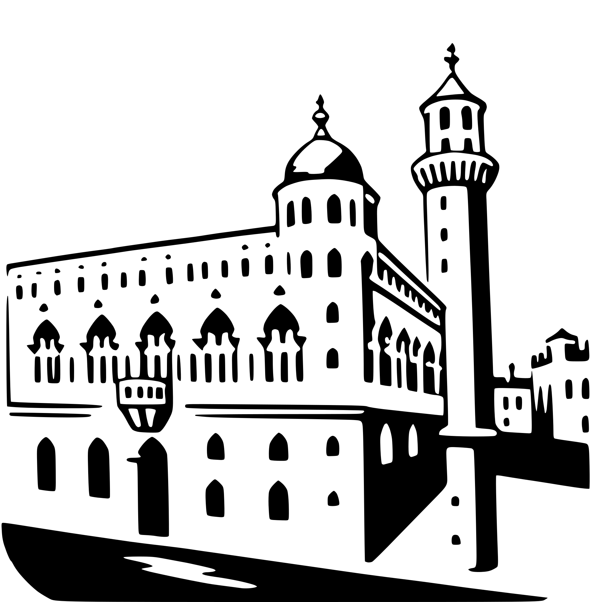 The SVG depicts a stylized architectural scene. At the center is a large building with a prominent dome and a minaret on the right side. The building has multiple arched windows and a central entrance with a decorative arch. The minaret is tall and slender, with a smaller dome at the top. The building is set against a simple background that suggests a street or open space. The overall style is minimalistic and appears to be a vector illustration. 