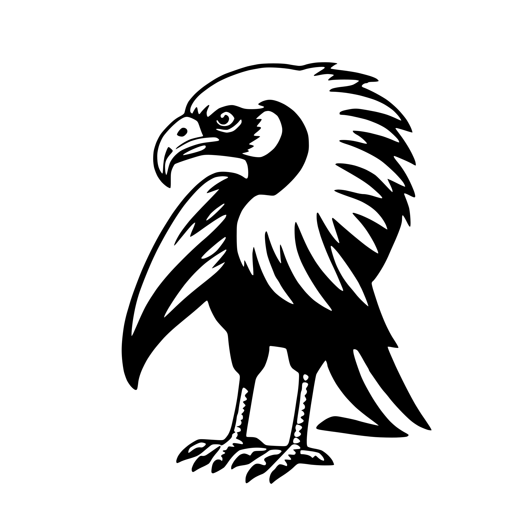 The SVG shows a stylized black and white illustration of a bird, likely a raptor, given its sharp beak and talons. The bird is depicted in profile, facing to the right, with its wings folded close to its body. The tail feathers are fanned out, and the bird's head is turned slightly to the left, giving a sense of alertness. The illustration is simple and uses solid black lines against a white background, emphasizing the bird's silhouette. There is no text or additional objects in the SVG. The bird's position and posture suggest a sense of readiness or anticipation. 