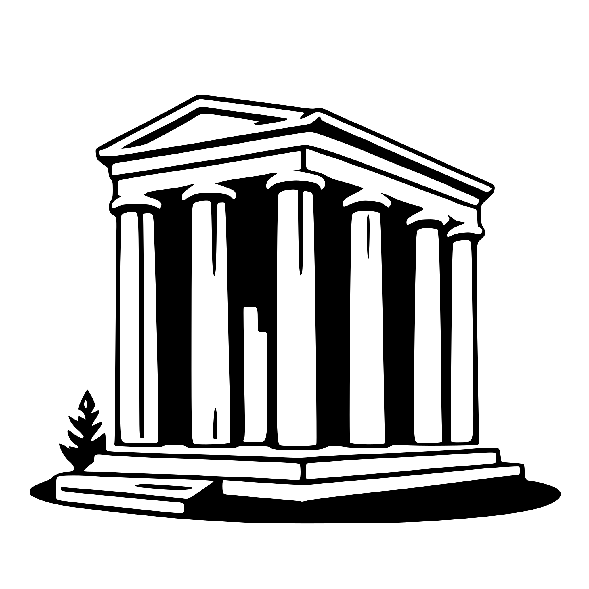 The SVG depicts a classical-style temple with columns. The temple is a central structure with a pediment at the top, featuring a triangular shape with a decorative design. Below the pediment, there are four columns that support the structure. In front of the temple, there is a small tree or shrub. The temple is situated on a base that appears to be a platform or a set of steps. The overall style of the SVG is minimalistic and uses solid lines and shapes to represent the temple and its surroundings. 