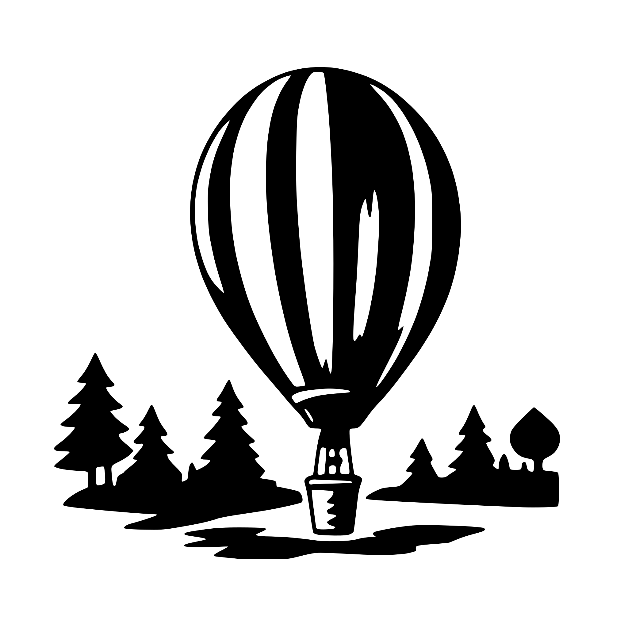 The SVG features a stylized depiction of a balloon with a basket attached to its base, floating above a landscape. The landscape includes silhouettes of trees and a small building, suggesting a rural or forested setting. The balloon is the central object, with the basket at its base, and it appears to be tethered to the ground, as indicated by a line connecting the basket to the ground. The overall style is simplistic and cartoonish, with bold outlines and a limited color palette. 