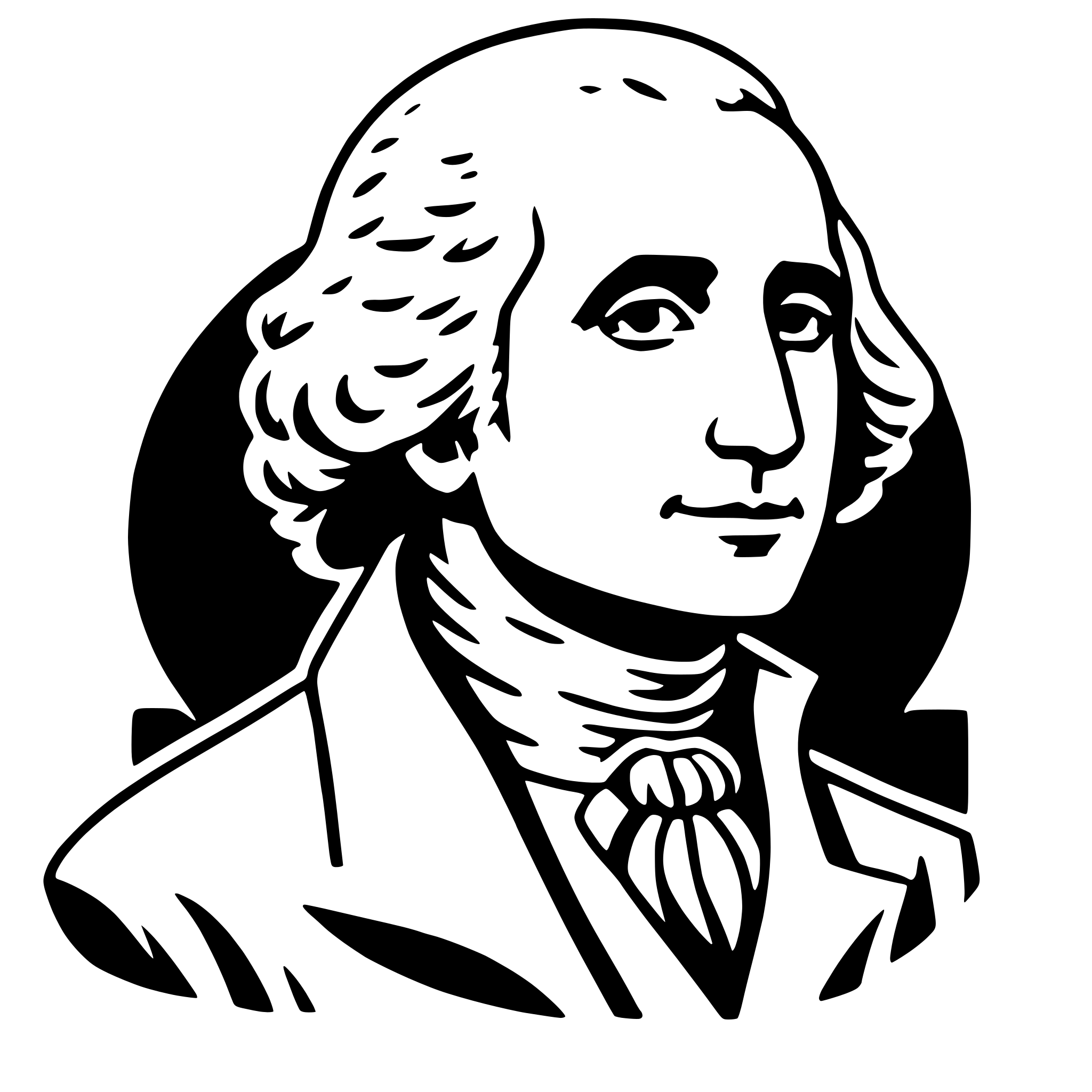 The SVG depicts a stylized black and white portrait of a man, likely representing George Washington, the first President of the United States. The man is shown with a stern expression, wearing a white wig and a dark coat with a white collar. He has a prominent nose and is looking directly at the viewer. The background is plain and does not provide any additional context or details. The SVG is a vector graphic, which means it is scalable and can be resized without losing quality. 