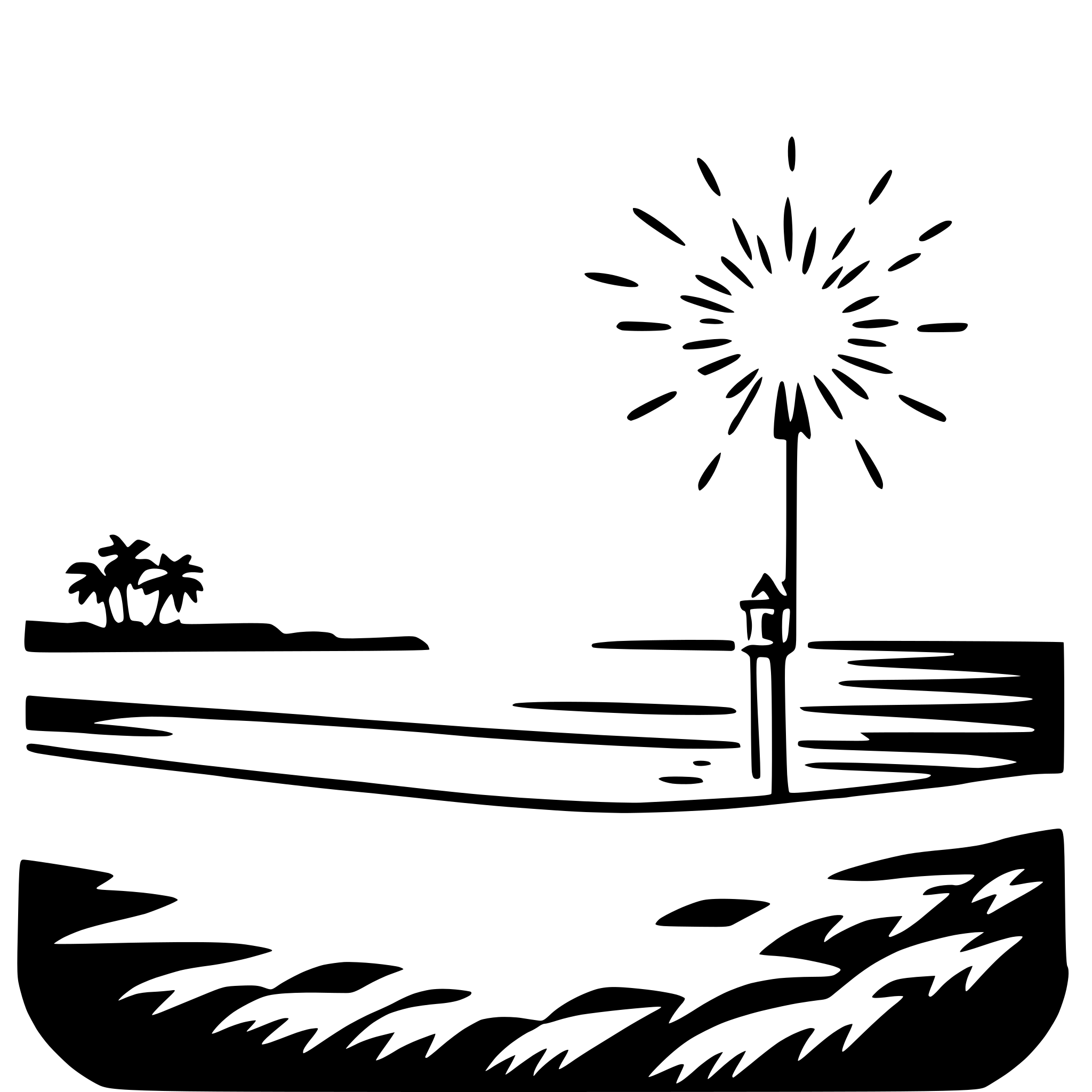 The SVG depicts a stylized scene with a few main objects. On the left side, there is a small, simple representation of a palm tree, suggesting a tropical setting. In the center, there is a tall, thin structure that resembles a lighthouse or a similar type of tower, with a light at the top. The light is depicted as a bright, starburst-like shape, which could symbolize a beacon or a source of illumination. On the right side, there is a body of water, which could be an ocean or a sea, given the presence of the lighthouse. The water is shown with a few waves, indicating movement or the presence of wind. The overall style of the SVG is minimalistic and graphic, using solid lines and shapes to convey the scene. 