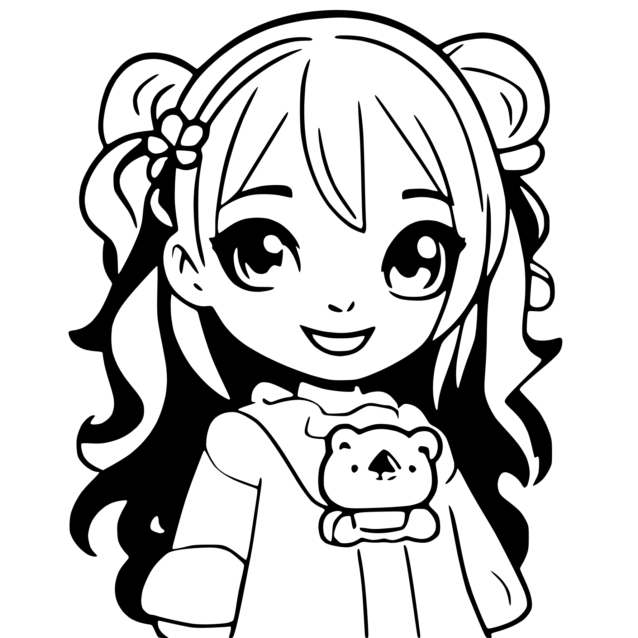 AI-generated SVG of a A cute chibi girl with big sparkling eyes and a cheerful smile, wearing a pastel-colored dress with frilly details. Her hair is a soft pink with lavender streaks, styled in two playful pigtails tied with ribbons. She’s holding a tiny stuffed animal in one hand and a lollipop in the other. The background is a dreamy, soft cloud-filled sky with a few stars twinkling around her. She has a joyful, innocent expression, radiating a sense of happiness and warmth
