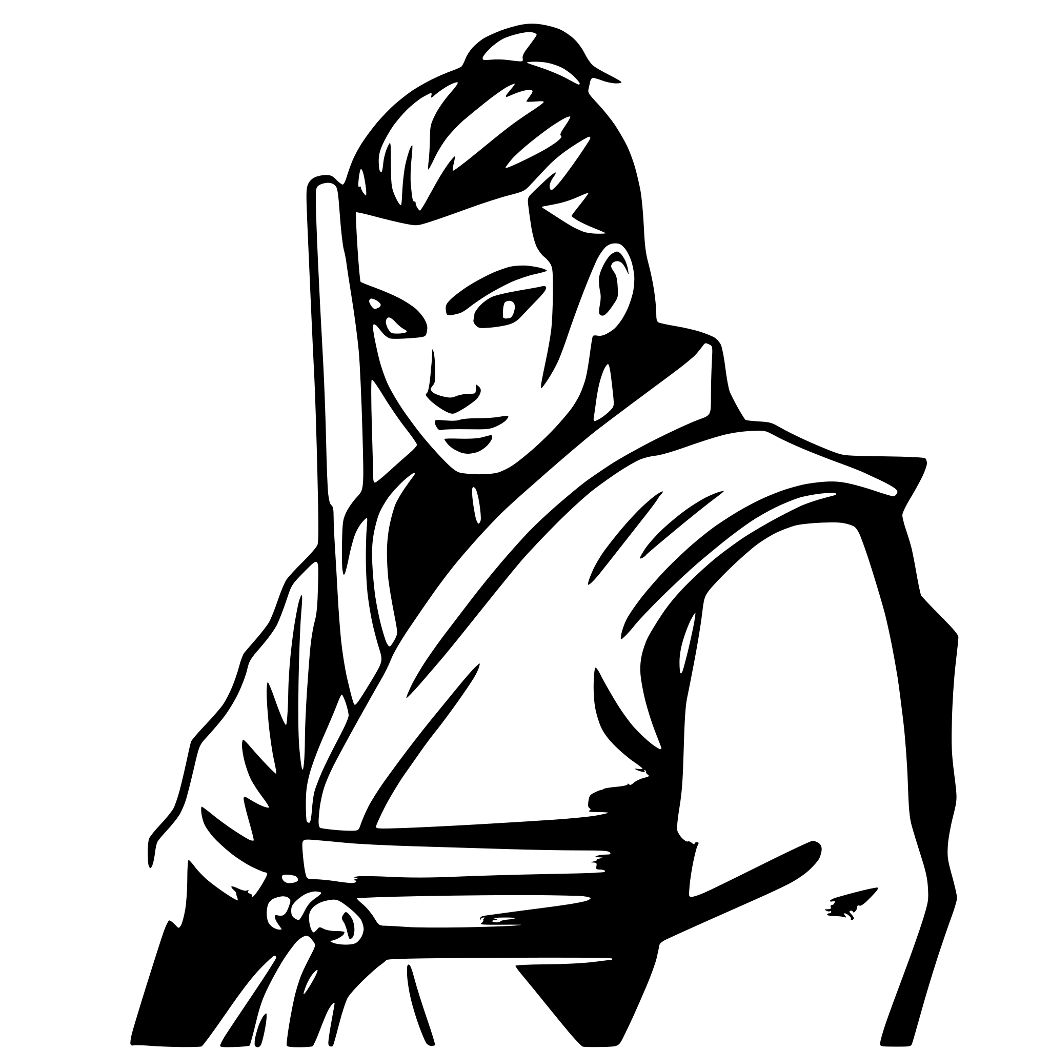 AI-generated SVG of a A SAMURAI IN FIGHT POSITIOPN, AND IN HIS BACK, HIS FACE LLOKING RIGHT TOWARD THE CAMERA