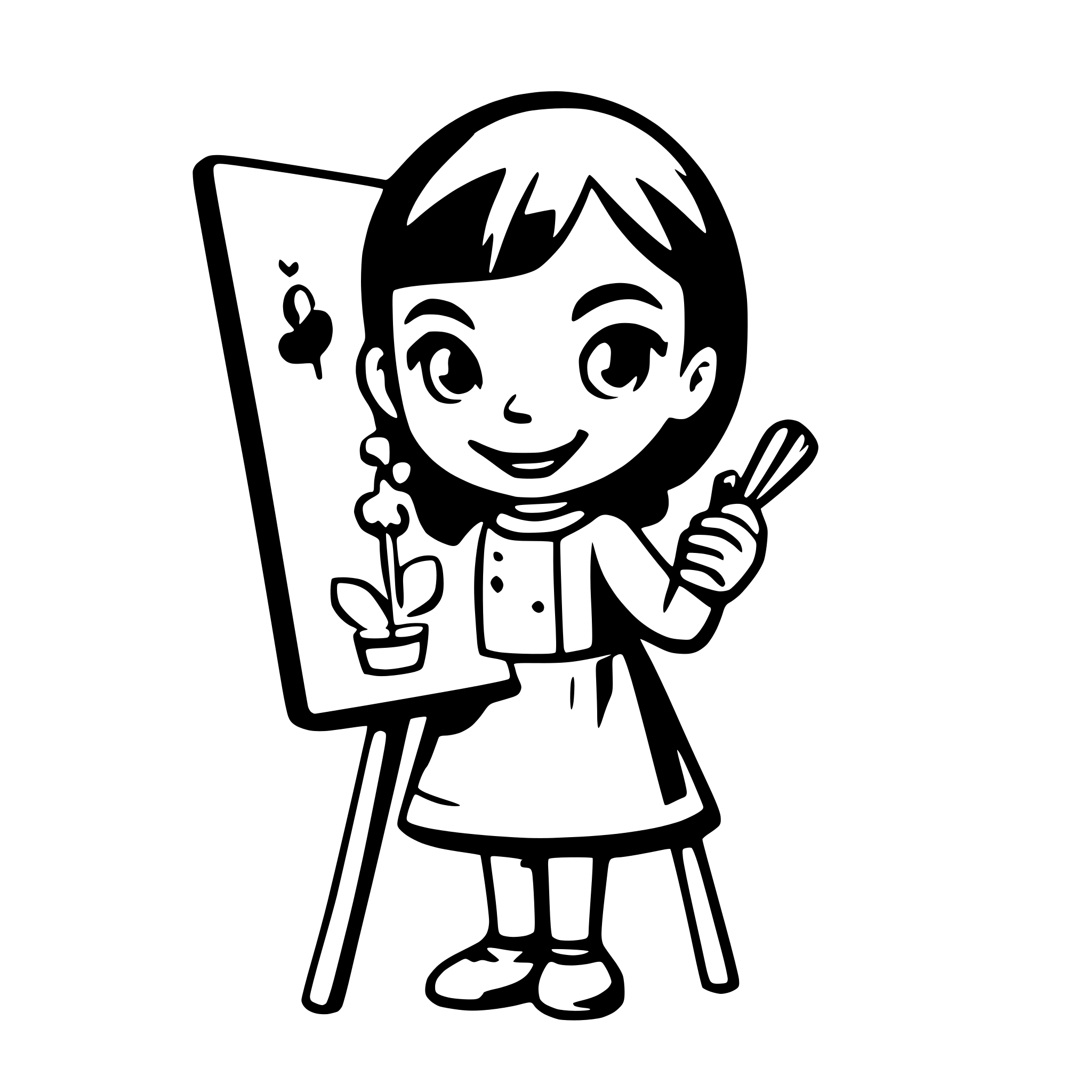 AI-generated SVG of a Create a simple animated SVG illustration of a little girl painting. She should be wearing a colorful dress, standing at an easel with a paintbrush in hand. Show her making gentle painting motions with smooth, continuous animation. The style should be cute and child-friendly with soft colors. The girl should have a happy, concentrated expression as she creates her artwork. Include simple animated paint strokes appearing on the canvas as she paints. Make it suitable for a friendly, educational co
