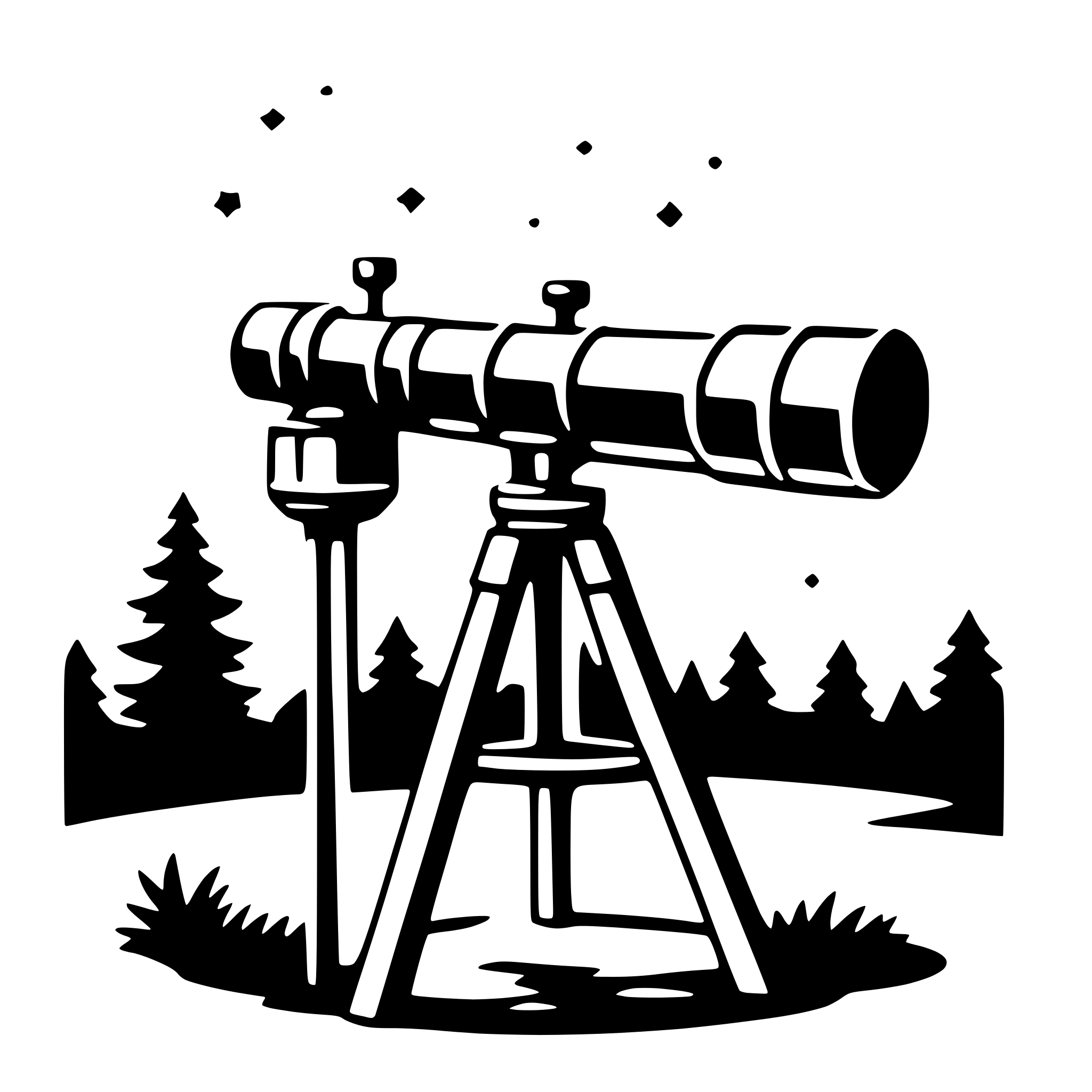The SVG depicts a simplistic, stylized illustration of a telescope set up on a tripod. The telescope has a large, circular eyepiece and a tube that extends upwards, with a smaller tube attached to the top. The tripod has three legs and a platform at the bottom, which is where the telescope is mounted. The background features silhouettes of trees and a starry sky, suggesting an outdoor setting, possibly at night. The overall style is minimalistic and appears to be designed for a logo or icon, given its simplicity and lack of detail. 