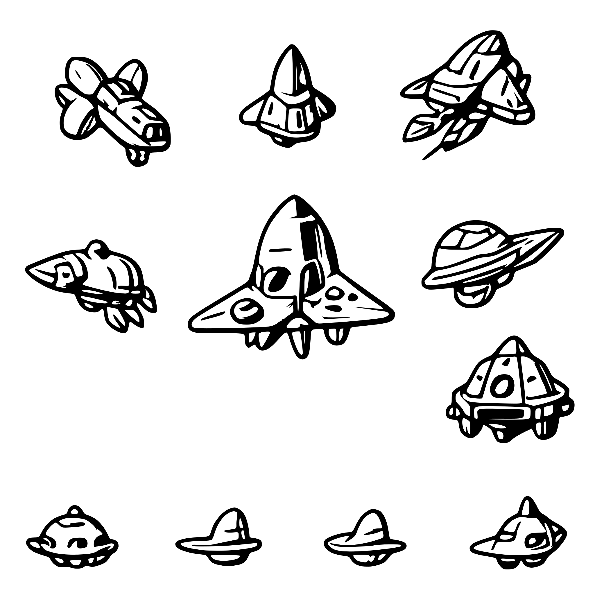 AI-generated SVG of a set of space ships sprites animated for game. Designed for vertical view in the game