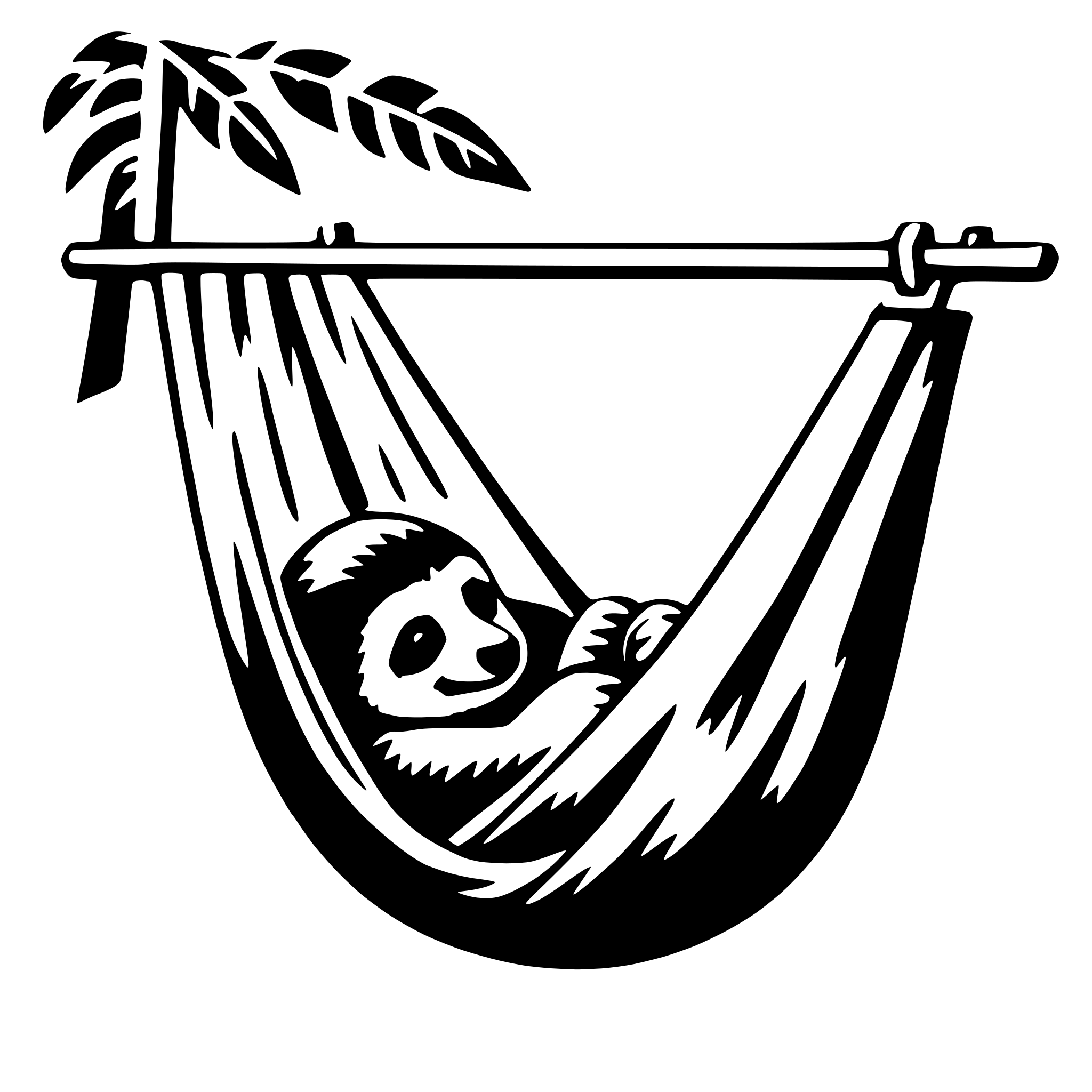 The SVG depicts a stylized illustration of a sloth in a hammock. The sloth is curled up, with its head resting on its paws, and is surrounded by the hammock's fabric, which is depicted with a simple, flowing pattern. The hammock is suspended from two points, one at each end, and there is a leaf attached to the top of the hammock, suggesting a natural or tropical setting. The sloth appears to be resting or sleeping in the hammock. 