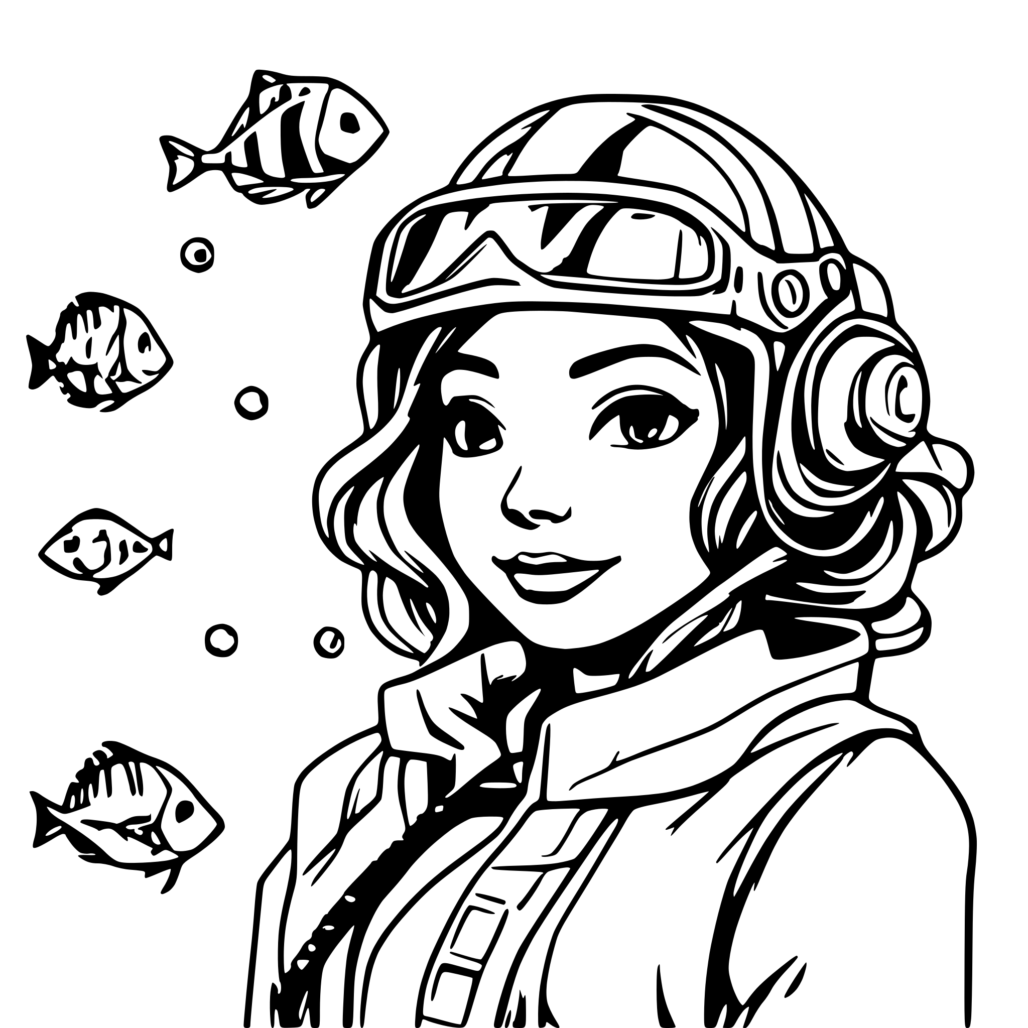 AI-generated SVG of a Female Scubadiver with Fishes and bubbles around her