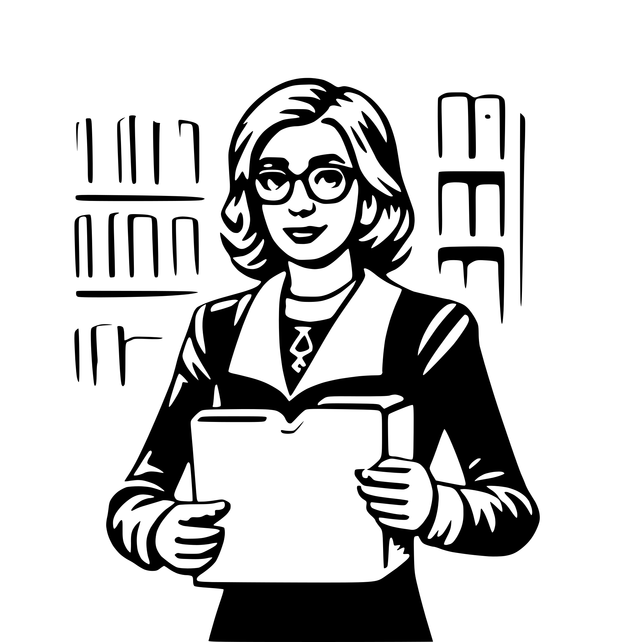 The SVG depicts a stylized illustration of a woman standing in front of a bookshelf. She is holding a clipboard with a piece of paper attached to it. The woman is wearing glasses, a collared shirt, and a skirt. The bookshelf behind her is filled with books, and there are additional books on the floor. The woman appears to be in a library or a study setting, possibly a librarian or a researcher. The interaction between the objects suggests a professional or academic environment, with the woman possibly organizing or cataloging the books. 