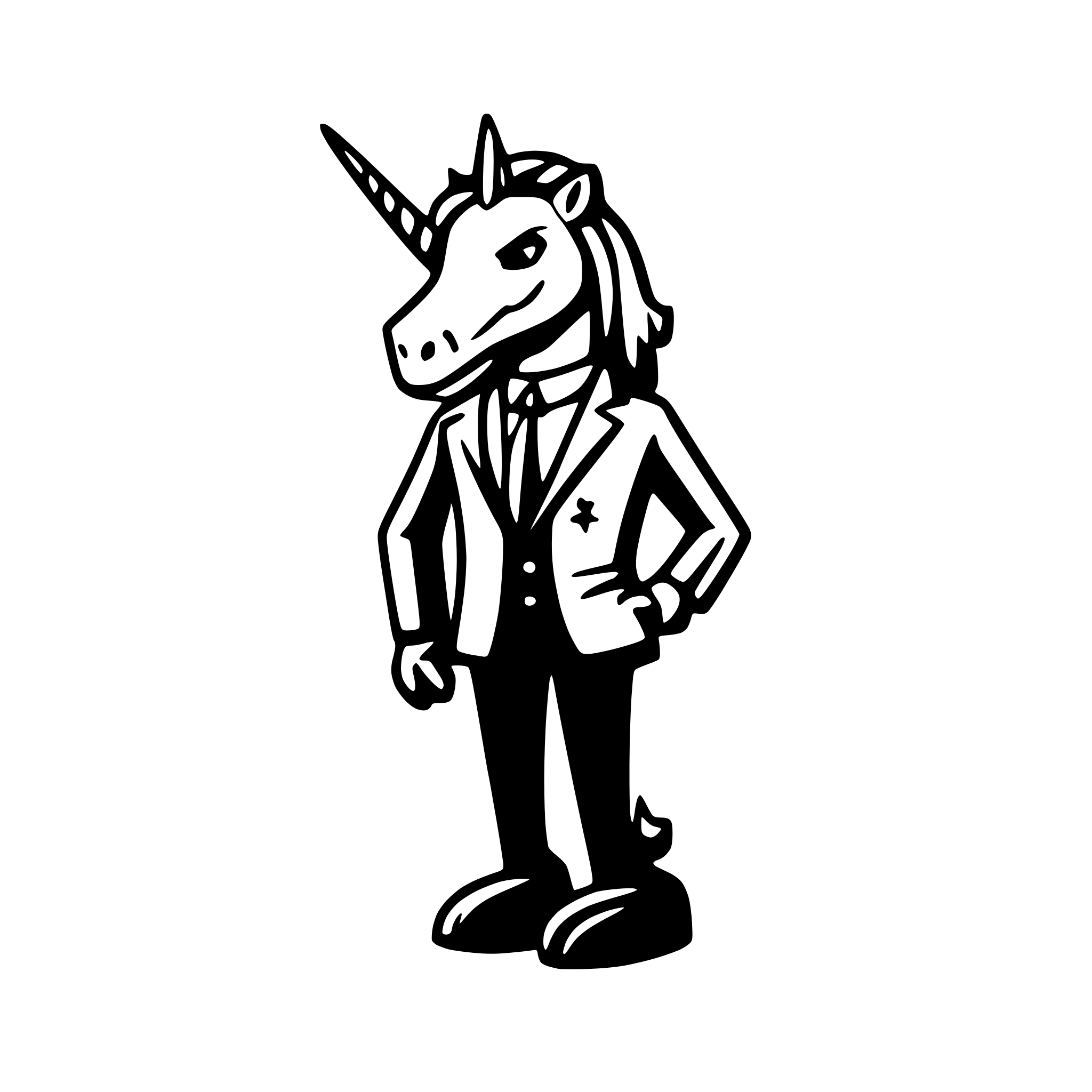 AI-generated SVG of a Logo of a bipedal unicorn wearing business attire and rock-star accessories