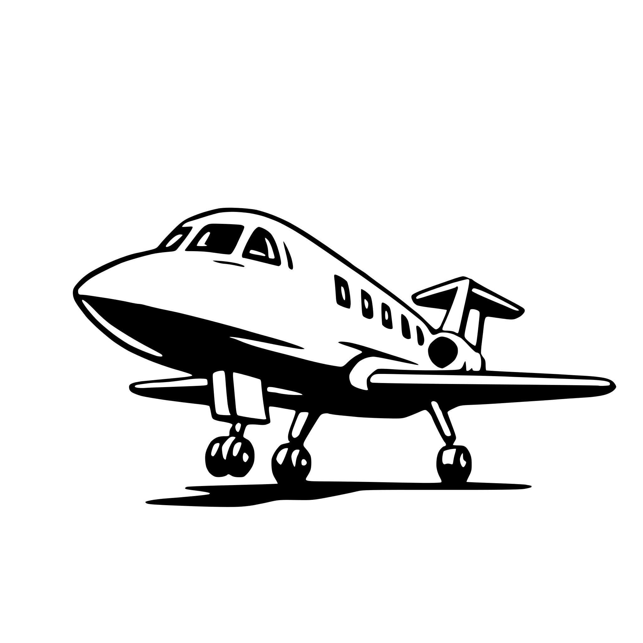The SVG depicts a simplified, stylized representation of an airplane. The airplane is shown in a side profile, with its nose pointed to the left, suggesting it is either taking off or landing. The aircraft has a fuselage, wings, tail, and landing gear visible. The wings are angled slightly upward, and the tail is positioned at the rear of the plane. The landing gear is extended, indicating that the plane is either on the ground or preparing for takeoff or landing. The SVG is a vector graphic, which means it is composed of lines and shapes that can be scaled without losing quality. 