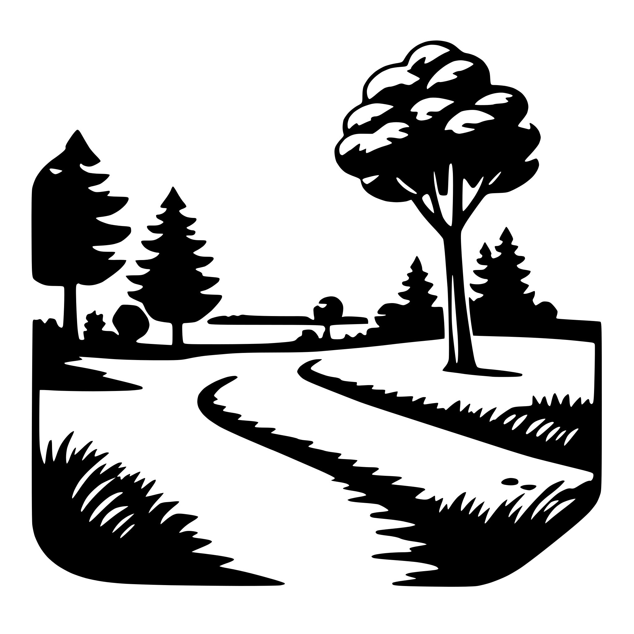 The SVG depicts a stylized, black and white illustration of a forested area with a winding road. The main objects are a tree on the right side of the road, a smaller tree on the left, and a winding path that leads towards the horizon. The trees are depicted with simple, rounded shapes, and the road is shown with a series of curves that suggest a gentle ascent or descent. The background is a plain, untextured area that could represent the sky or an open space beyond the trees. The overall style is minimalistic and appears to be designed for a logo or icon, given its simple and iconic representation of a forested path. 