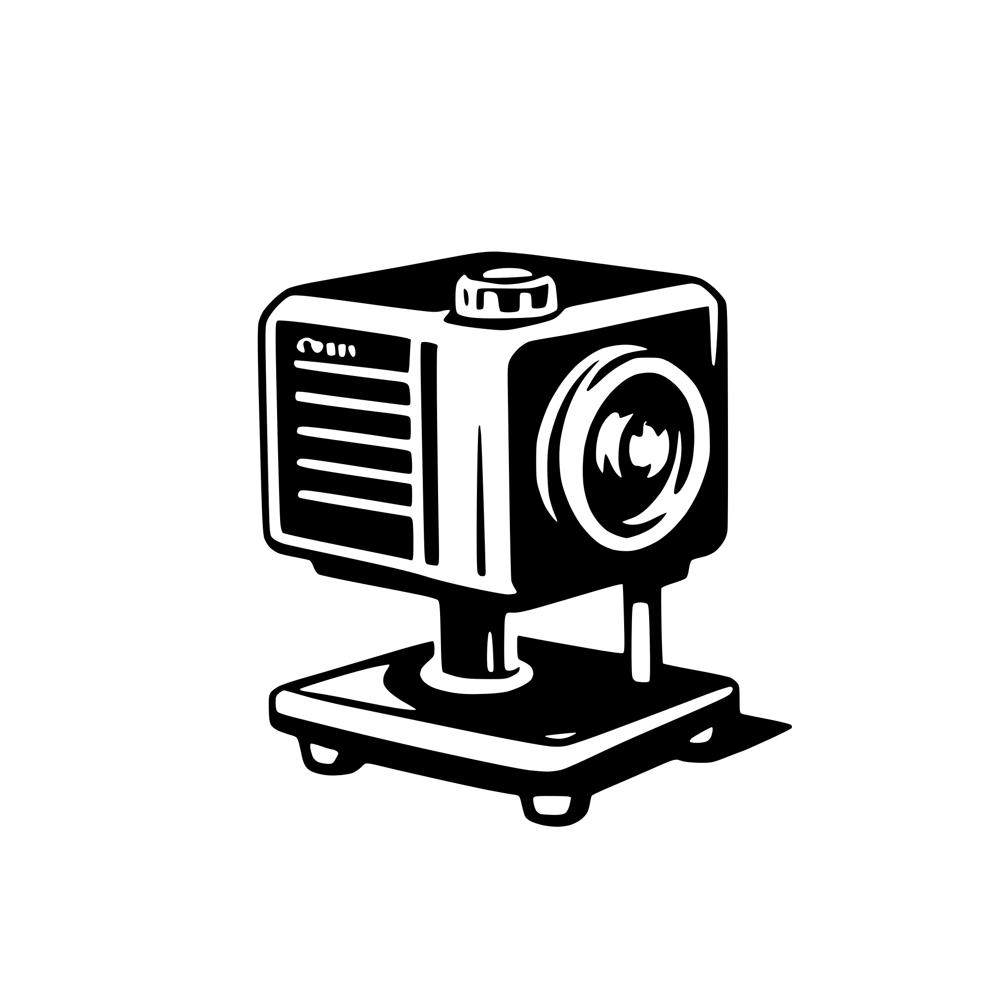 The SVG shows a stylized, black and white vector illustration of a projector. The projector has a rectangular body with a lens at the front, and it is placed on a small, flat base. The design is simple and appears to be a representation of a classic film projector. The projector is the central object in the SVG, and there are no other objects or interactions depicted. 